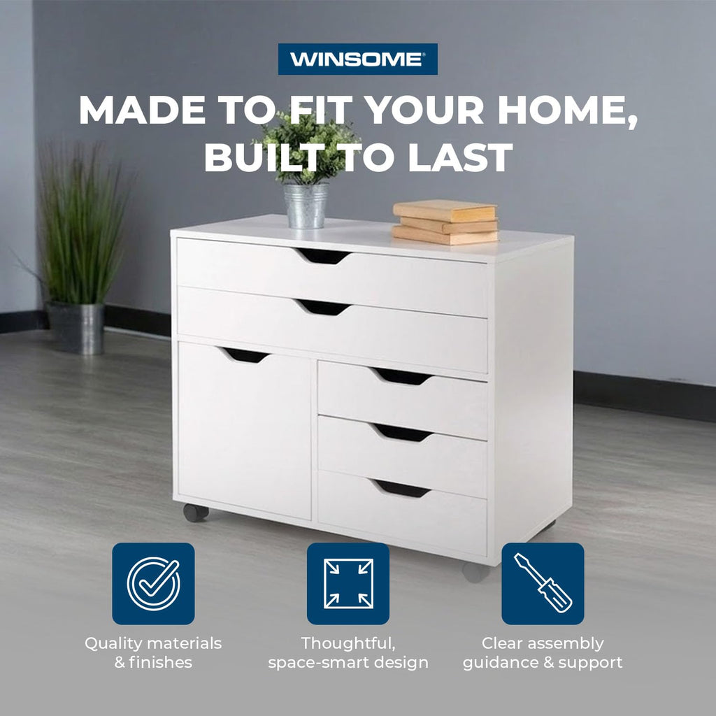 White Mobile Storage Cabinet with 1 Door & 5 Drawers E558