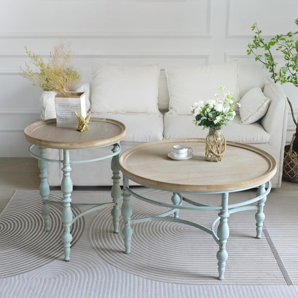 Round Solid Wood Coffee Table with Iron Legs I268302