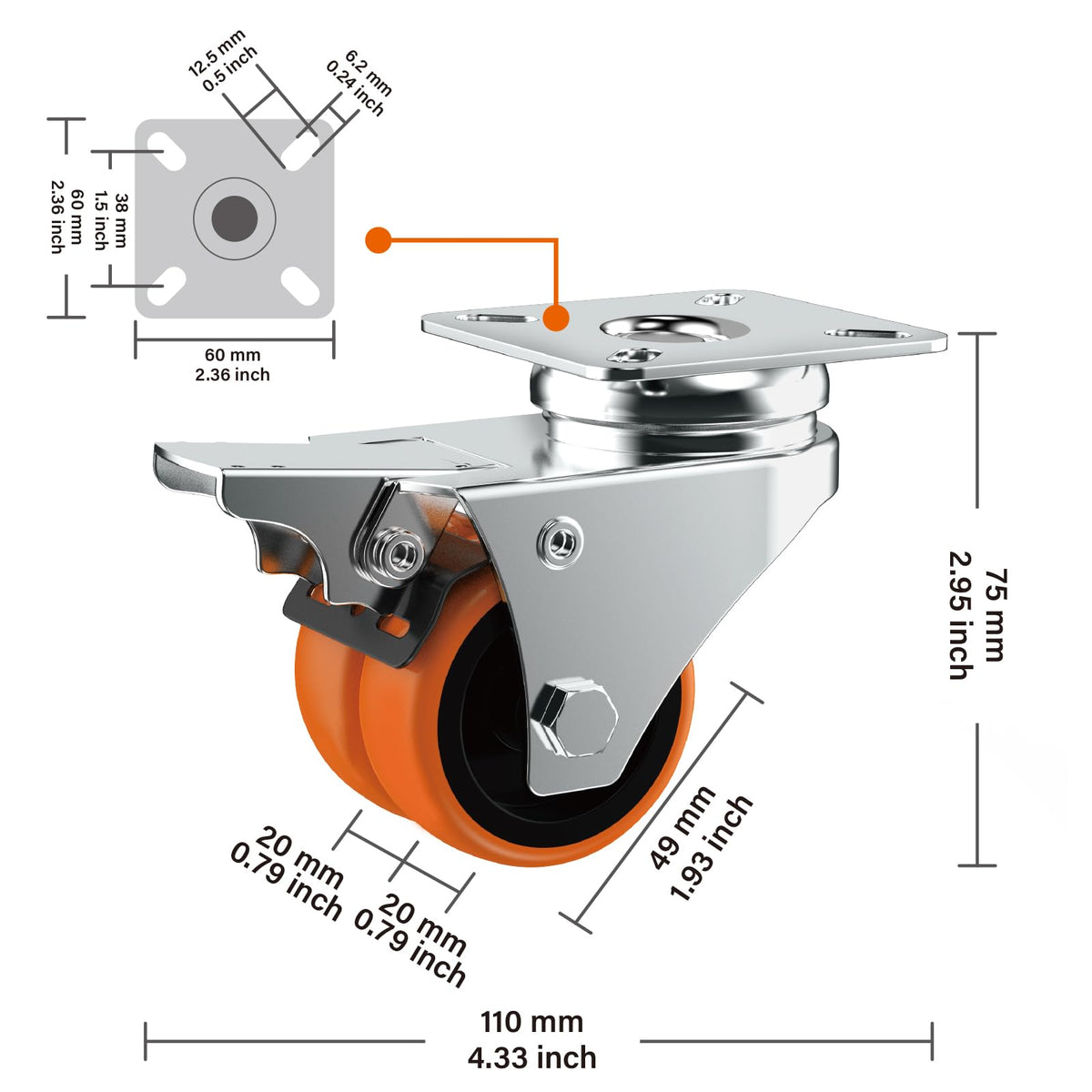 2" Double Wheel Casters with Brake 4 Pack D65627
