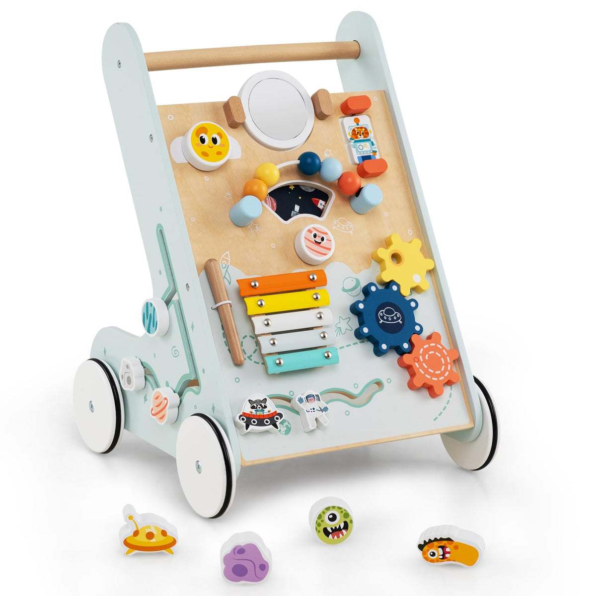 Wooden Baby Walker Push and Pull Learning Activity Center with Wheels Storage Green A38696