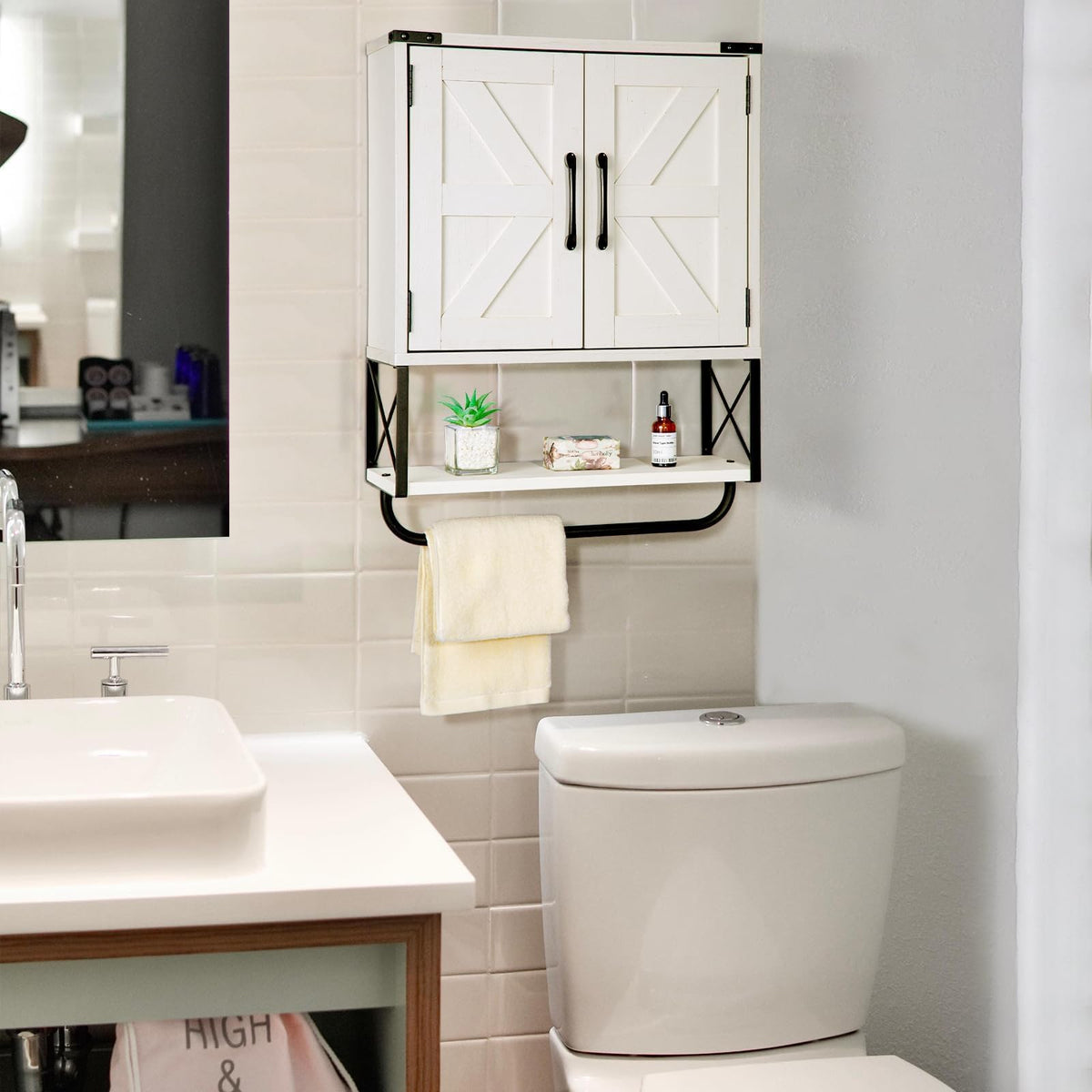 Medicine Cabinet with 2 Barn Door & Towel Bar Rack P946