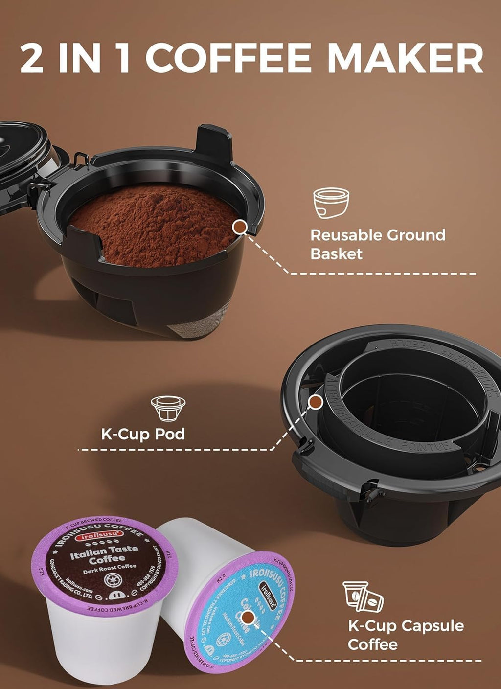 Single Serve Coffee Maker, 2 in 1 Capsule & Ground Coffee Brewer, 40 Oz Removable Water Tank C4939