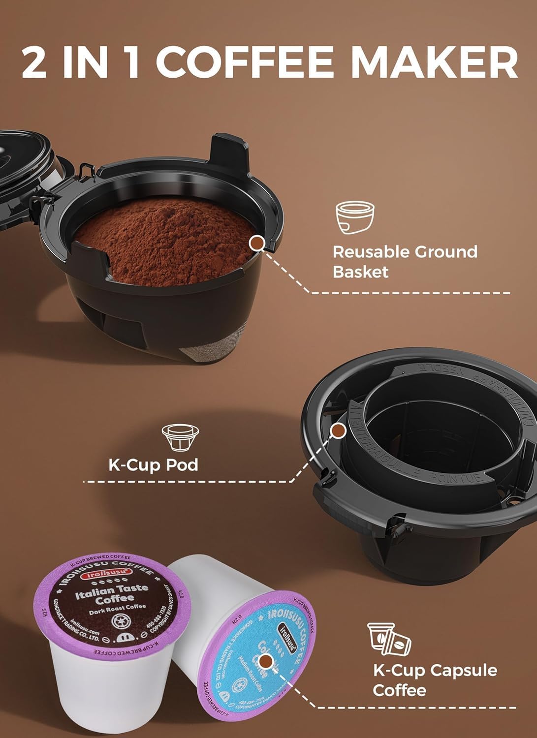 Single Serve Coffee Maker, 2 in 1 Capsule & Ground Coffee Brewer, 40 Oz Removable Water Tank C4939