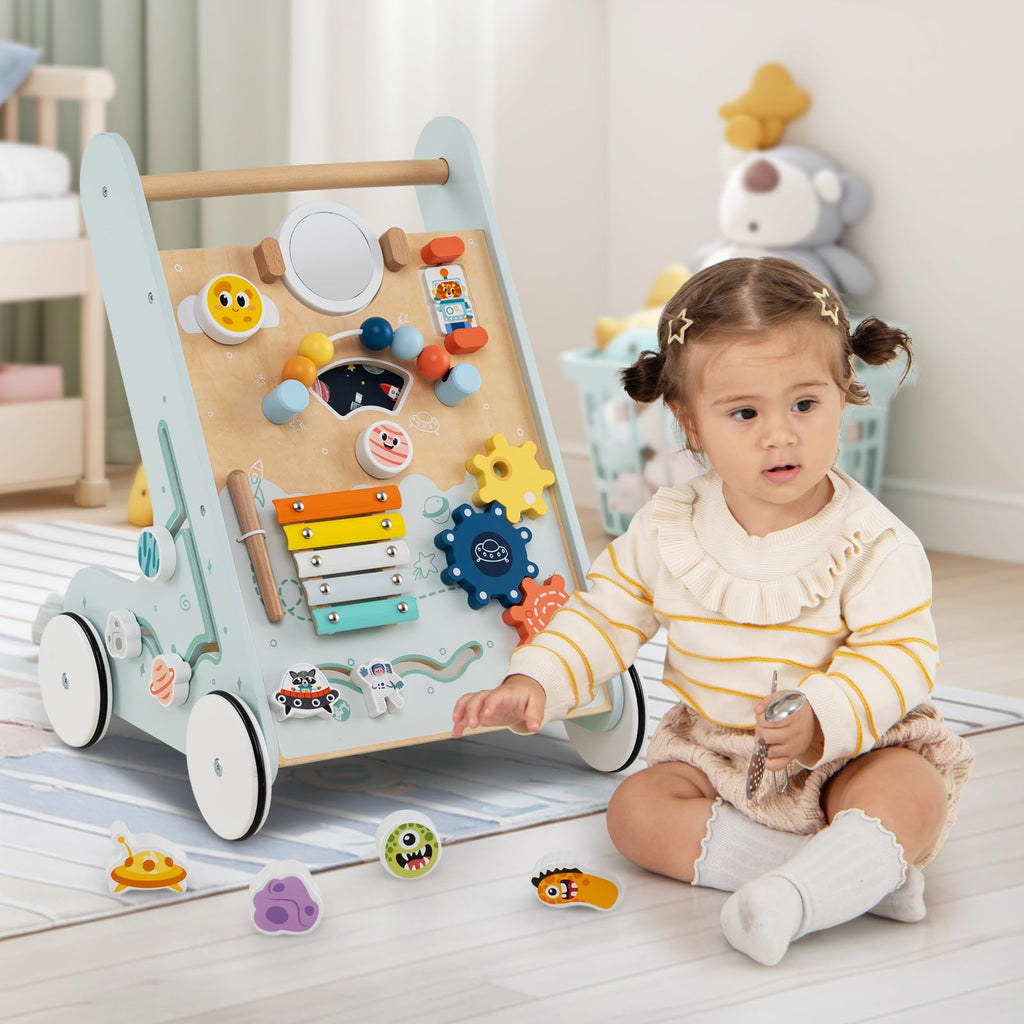 Wooden Baby Walker Push and Pull Learning Activity Center with Wheels Storage Green A38696