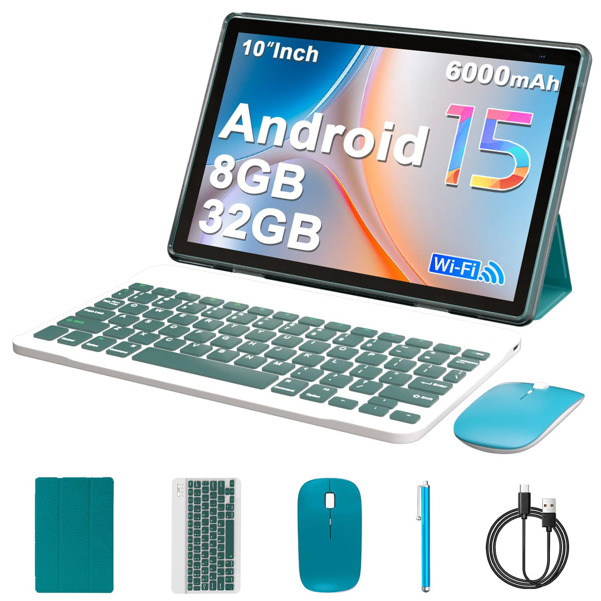 Android 15 Tablet 10 inch, 8GB RAM 32GB ROM, 2 in 1 Tablet with Keyboard Case, 1280x800 HD IPS Screen, Navy J393