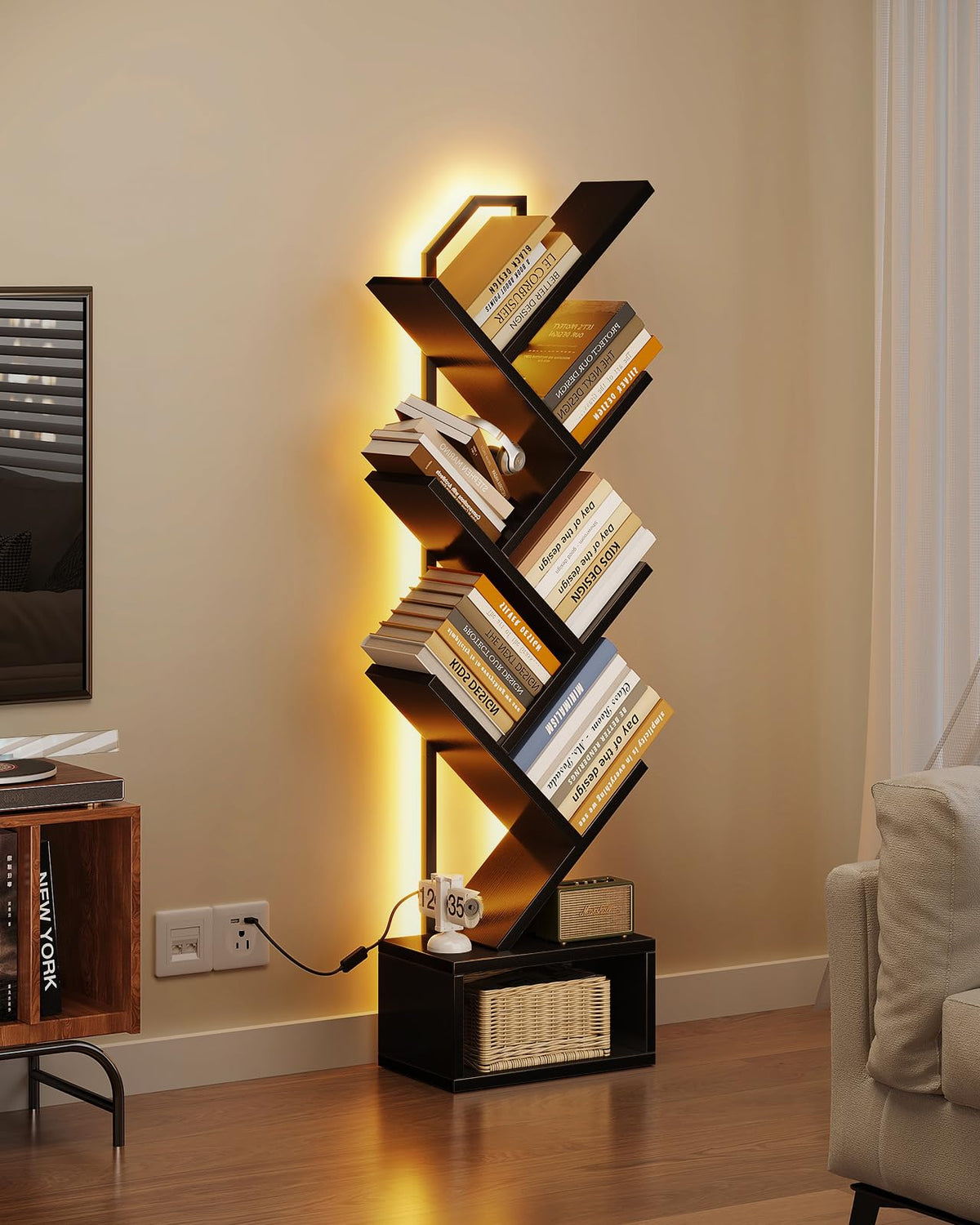 Black 6-Tier Tree Bookshelf with LED Lights L931