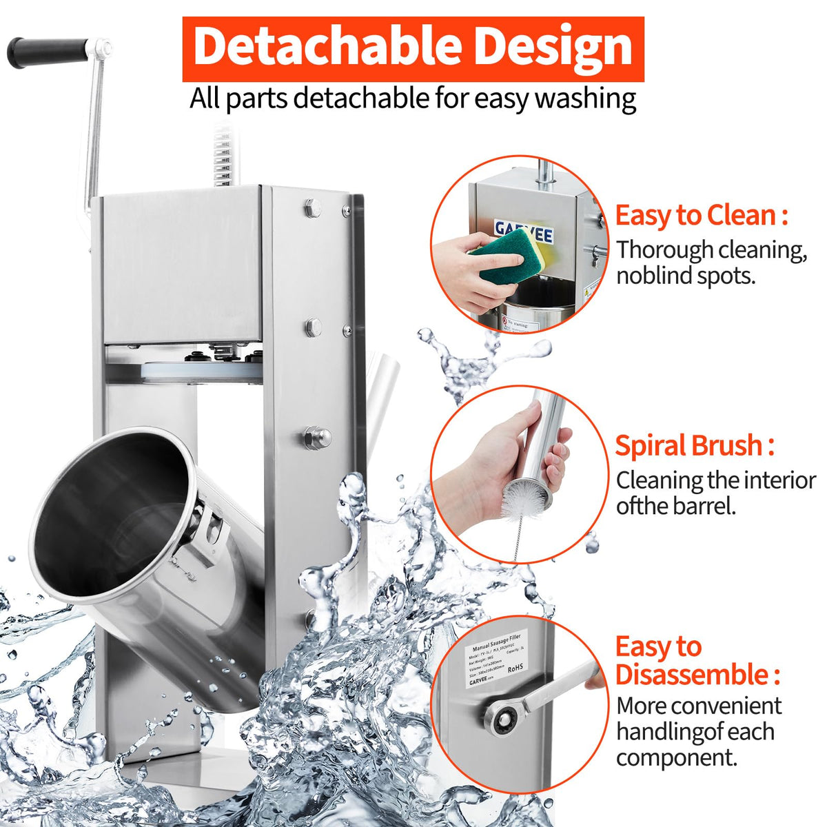 7LBS/3L 304 Stainless Steel Manual Sausage Stuffer with 5 Filling Tubes Y493