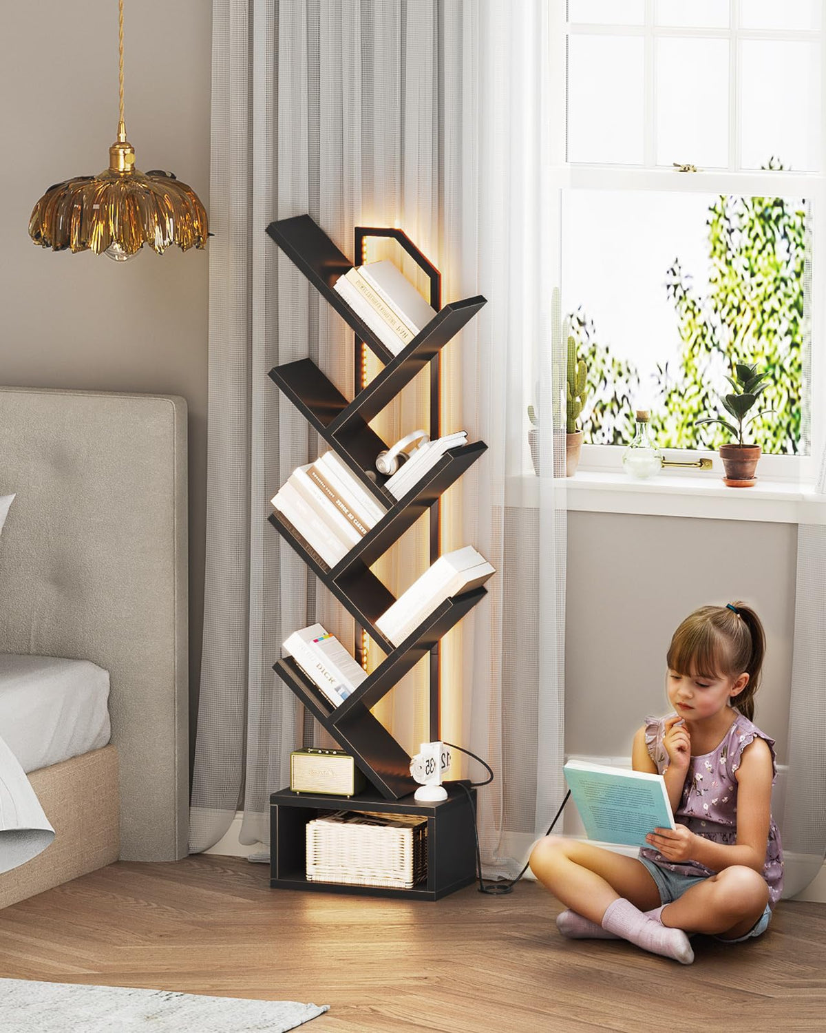 Black 6-Tier Tree Bookshelf with LED Lights L931