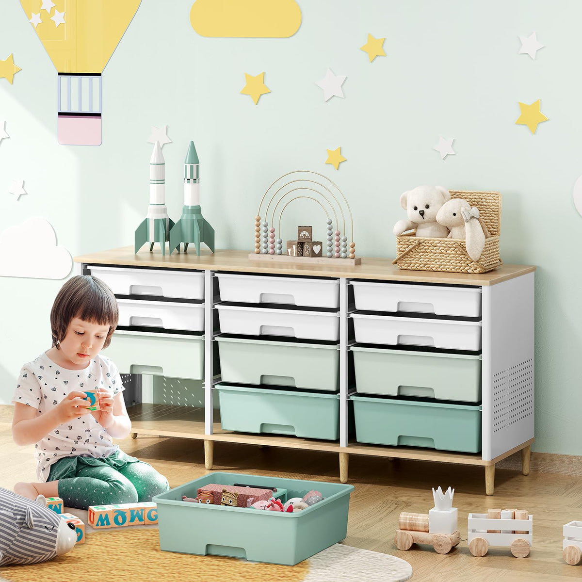 12 Drawers Storage Cabinet with Wooden Top and Plastic Bins S6958