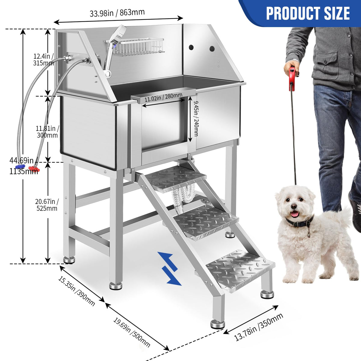 34 Inch Stainless Steel Dog Grooming Bathtub with Anti-Slip Stairs C9406