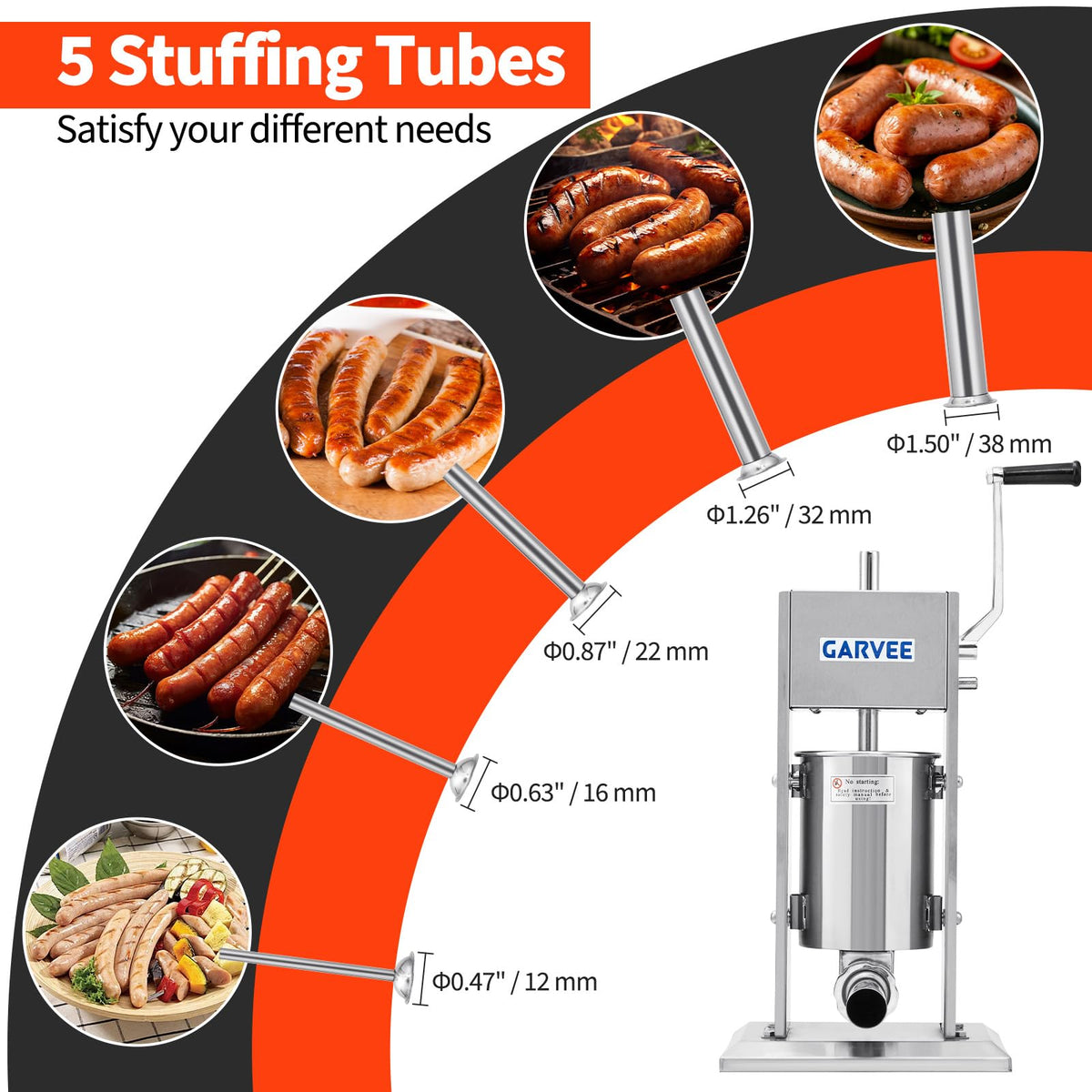 7LBS/3L 304 Stainless Steel Manual Sausage Stuffer with 5 Filling Tubes Y493