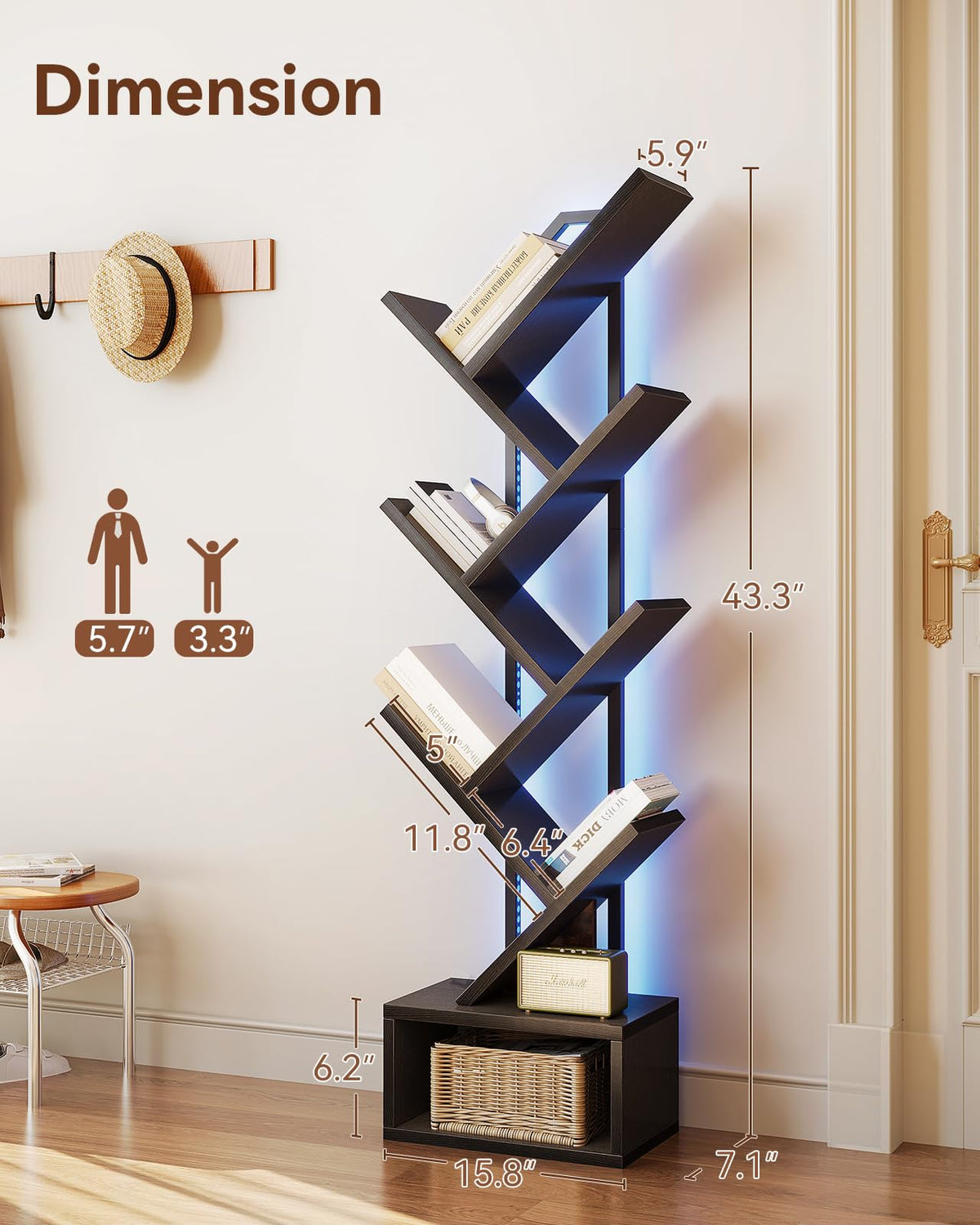 Black 6-Tier Tree Bookshelf with LED Lights L931