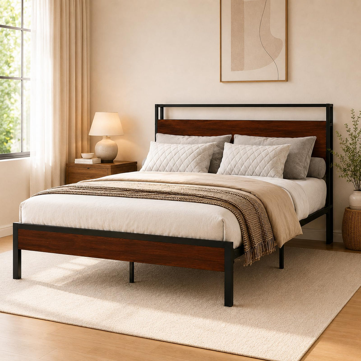 Full Size Metal Platform Bed Frame with Wood Headboard and Footboard P9602
