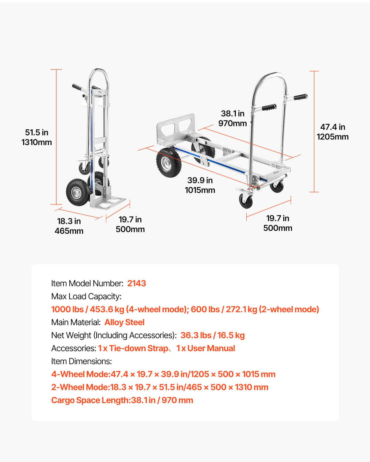 2 in 1 Convertible Hand Truck Dolly 1000 lbs W264467