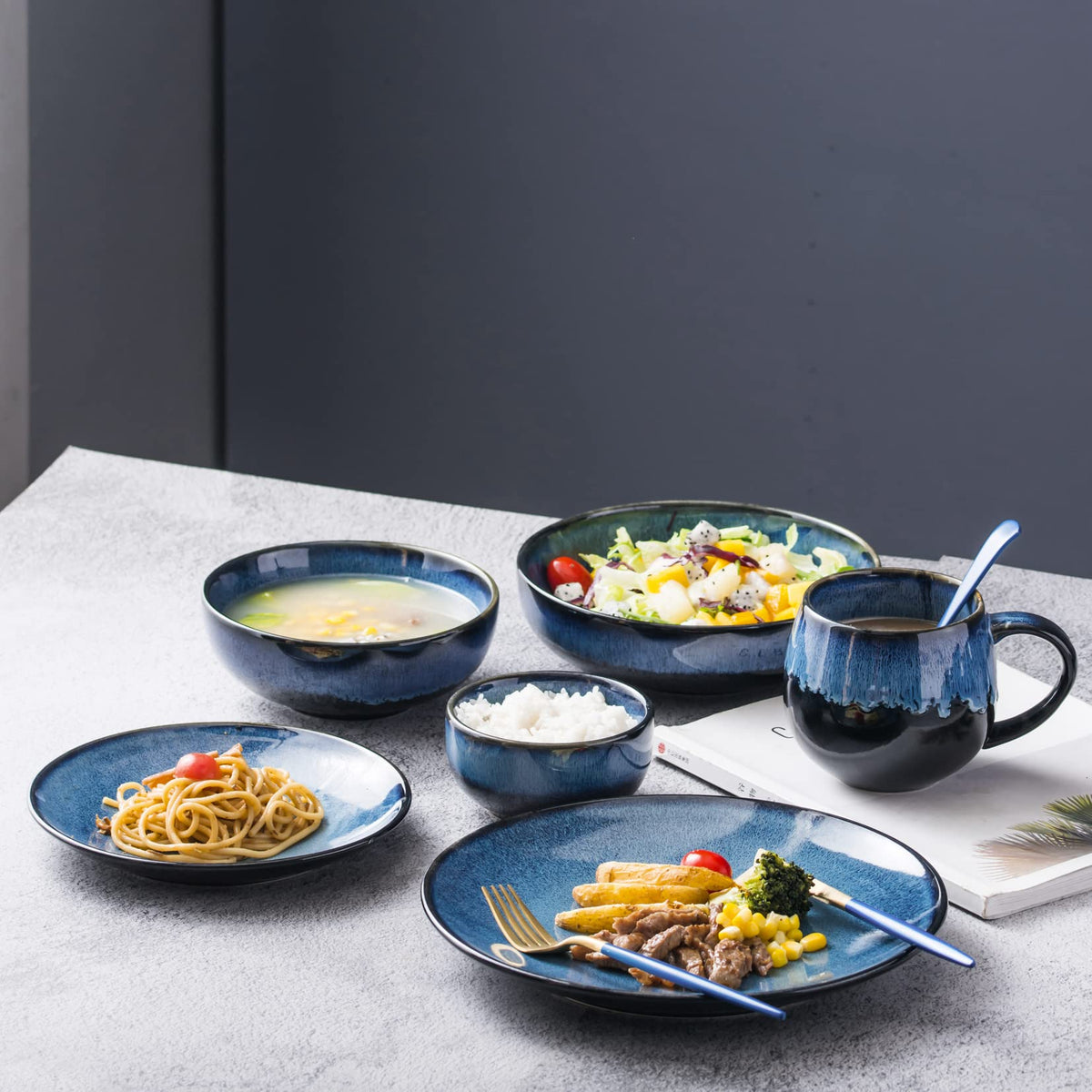 Ceramic Pasta Bowls Set of 4, 26 oz Blue U821