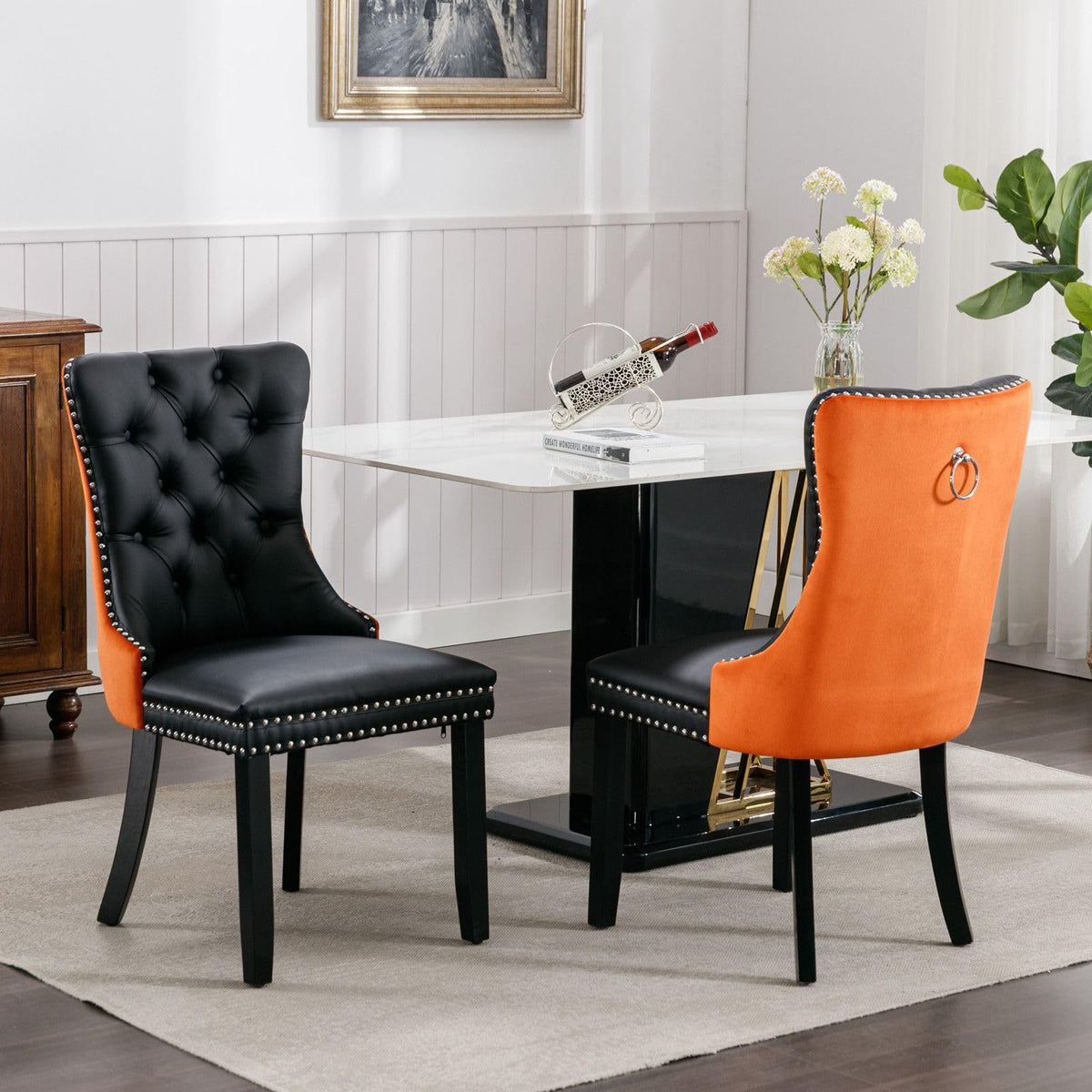 PU and Velvet Upholstered Dining Chairs with Solid Wood Legs V69430