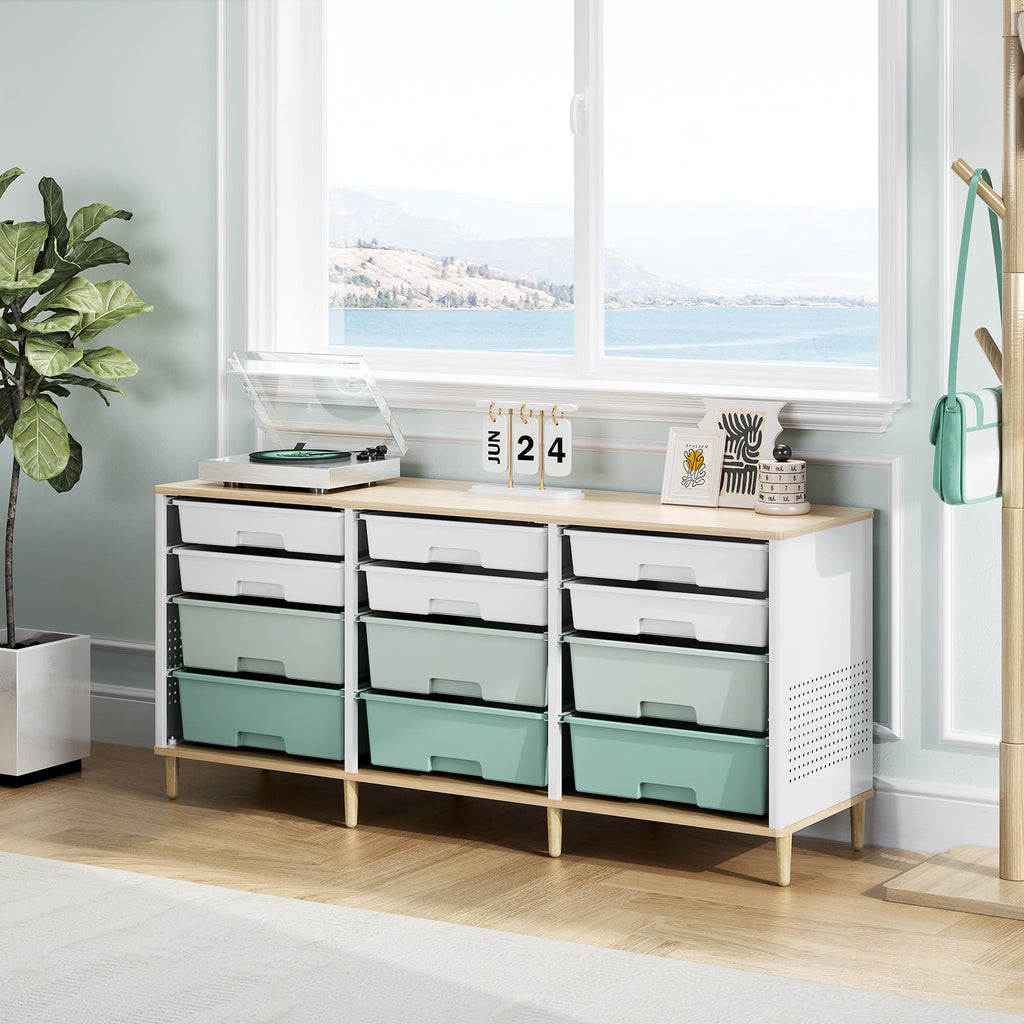 12 Drawers Storage Cabinet with Wooden Top and Plastic Bins S6958