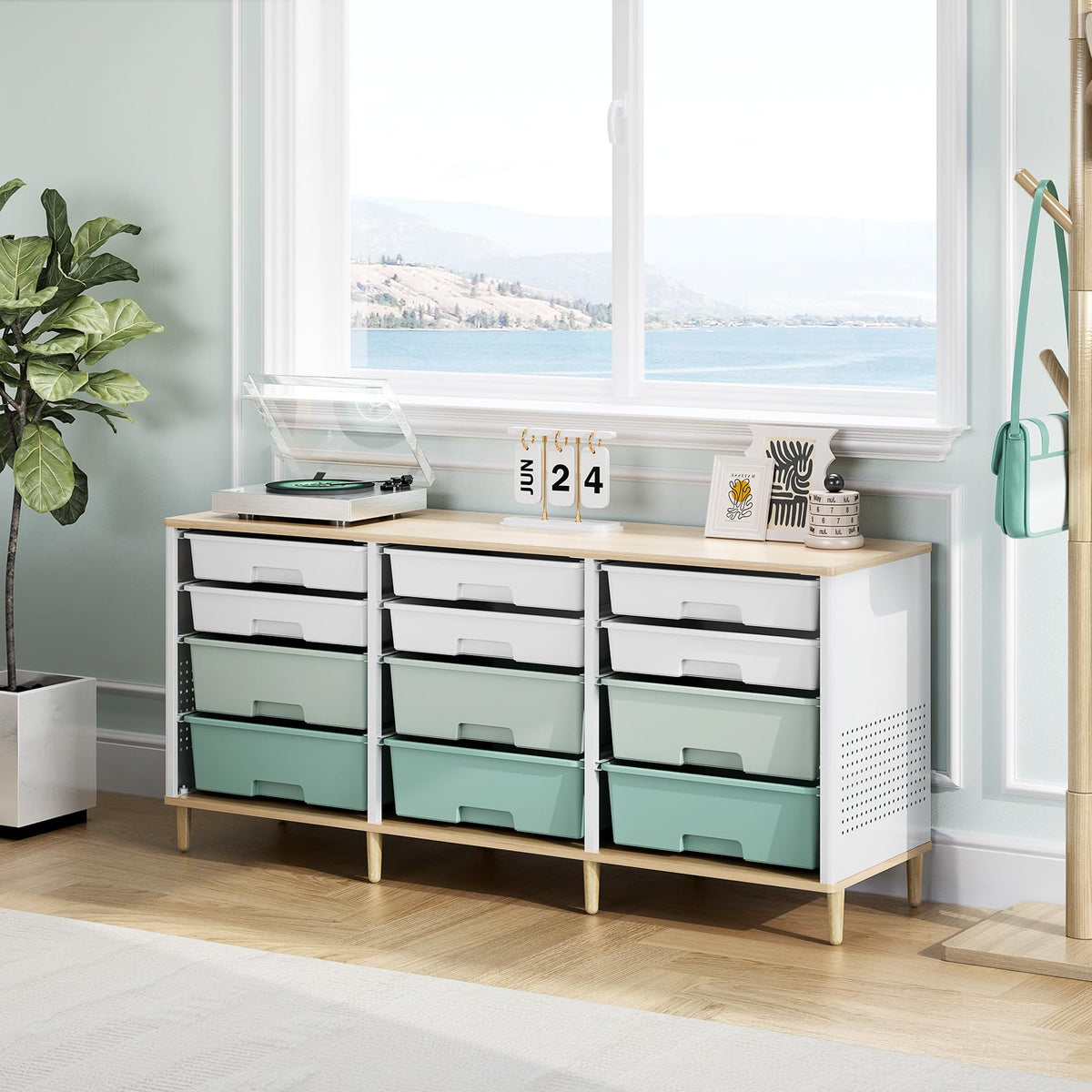 12 Drawers Storage Cabinet with Wooden Top and Plastic Bins S6958