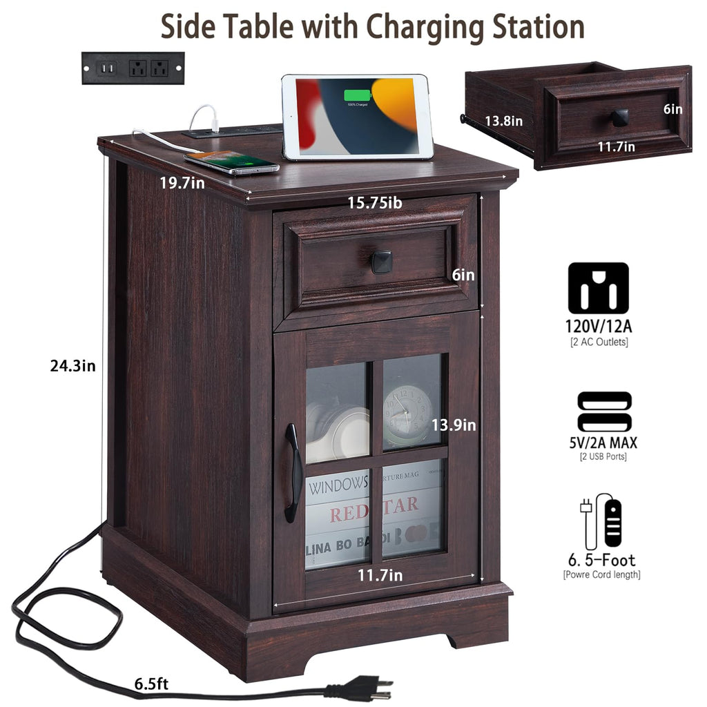 Cherry Side Table with Charging Station X1544