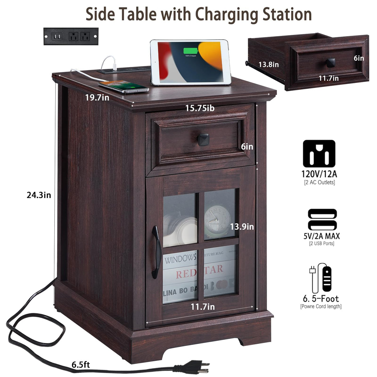 Cherry Side Table with Charging Station X1544