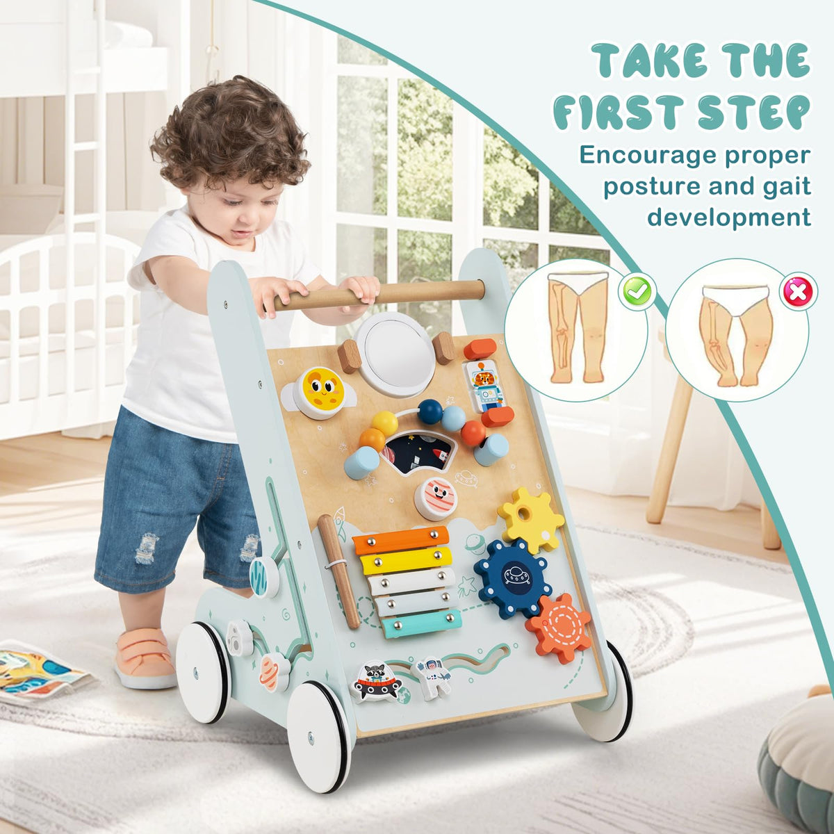 Wooden Baby Walker Push and Pull Learning Activity Center with Wheels Storage Green A38696
