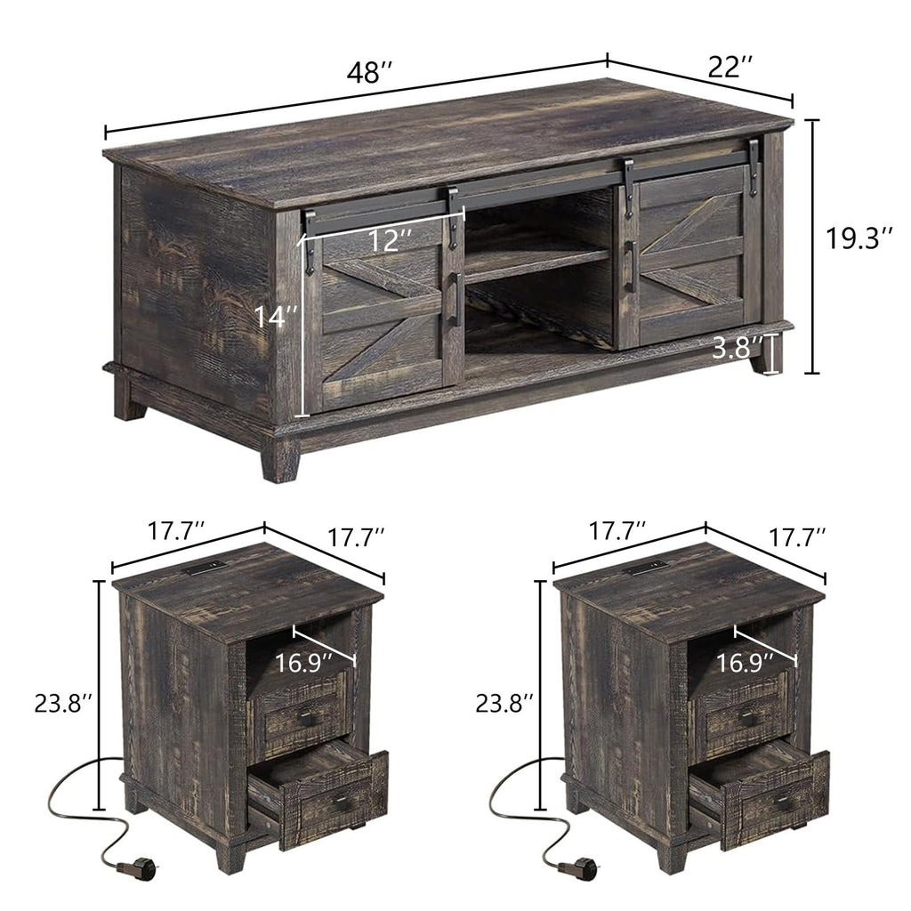 4 Piece Farmhouse Living Room Table Set with TV Stand Coffee Table and End Tables P748