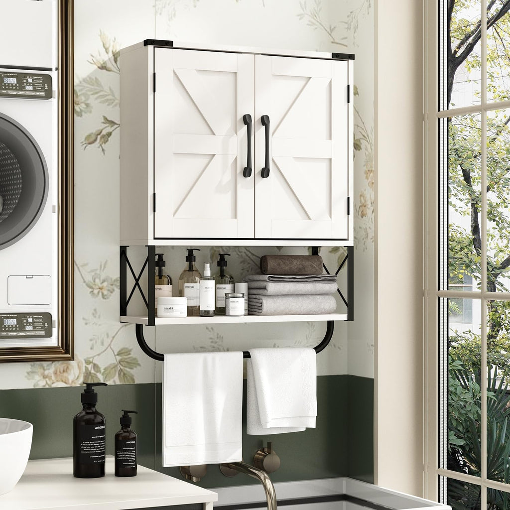 Medicine Cabinet with 2 Barn Door & Towel Bar Rack P946