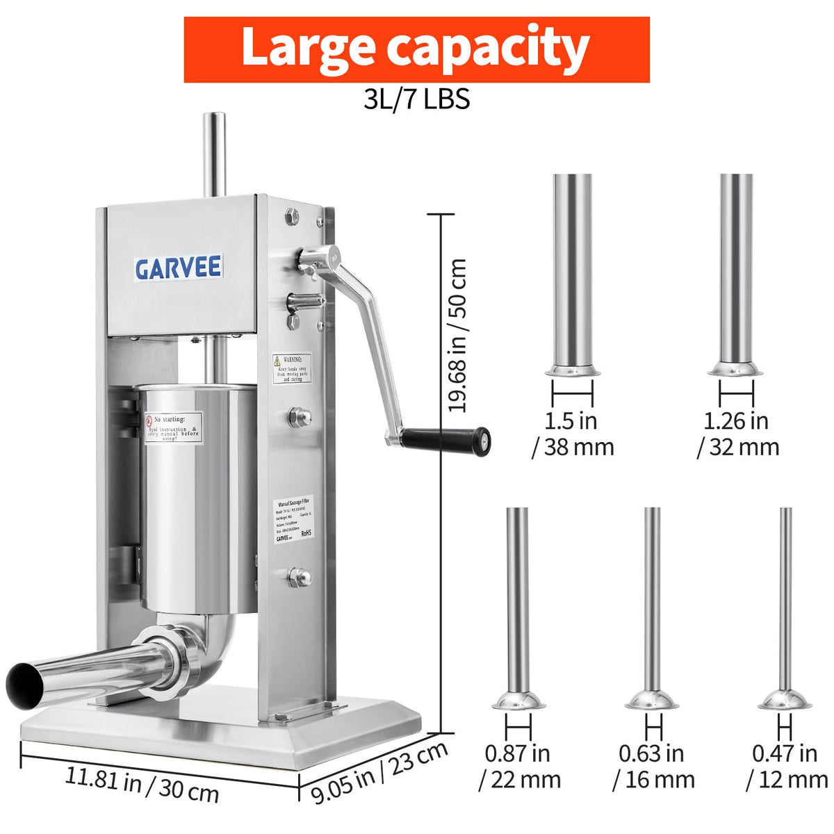 7LBS/3L 304 Stainless Steel Manual Sausage Stuffer with 5 Filling Tubes Y493