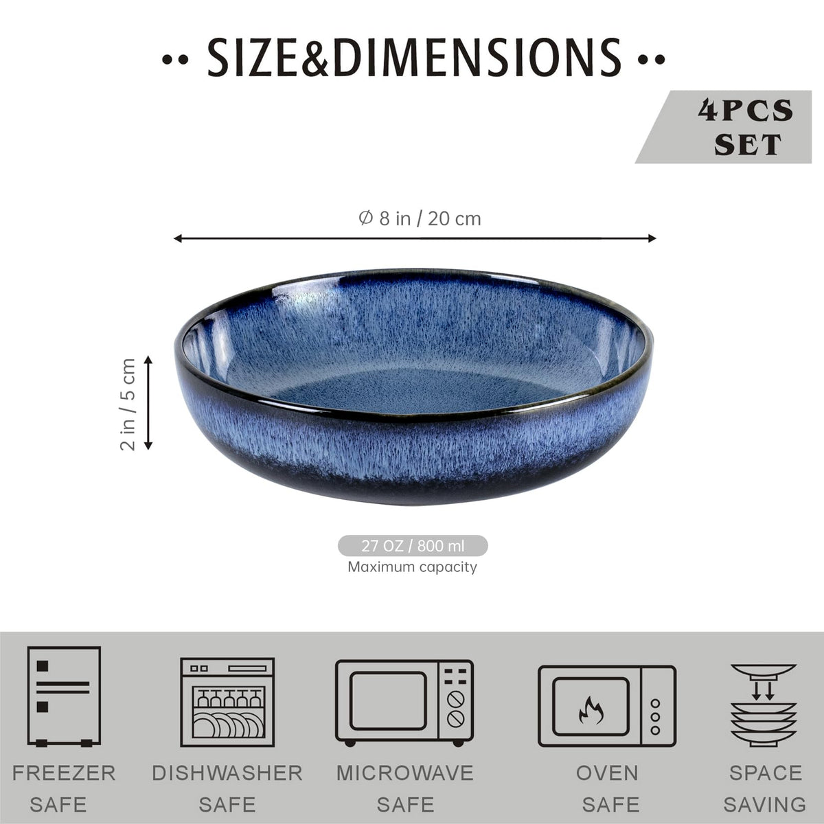 Ceramic Pasta Bowls Set of 4, 26 oz Blue U821