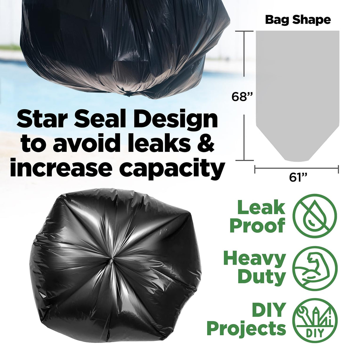95 Gallon Heavy Duty Contractor Trash Bags, 50 Ct, Black, 1.2 Mil W10720