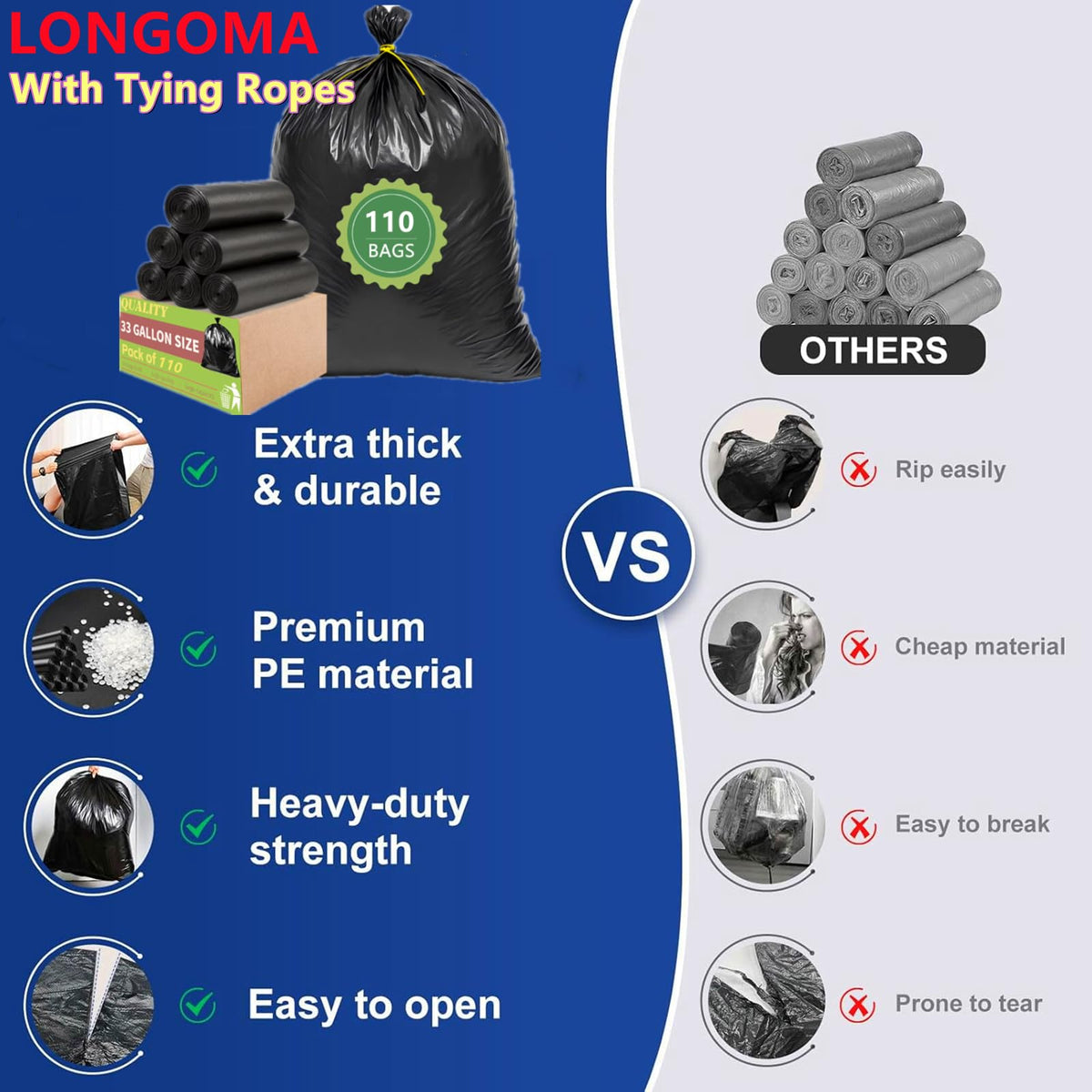 33 Gallon Heavy Duty Trash Bags 110 Count Black Can Liners S559490