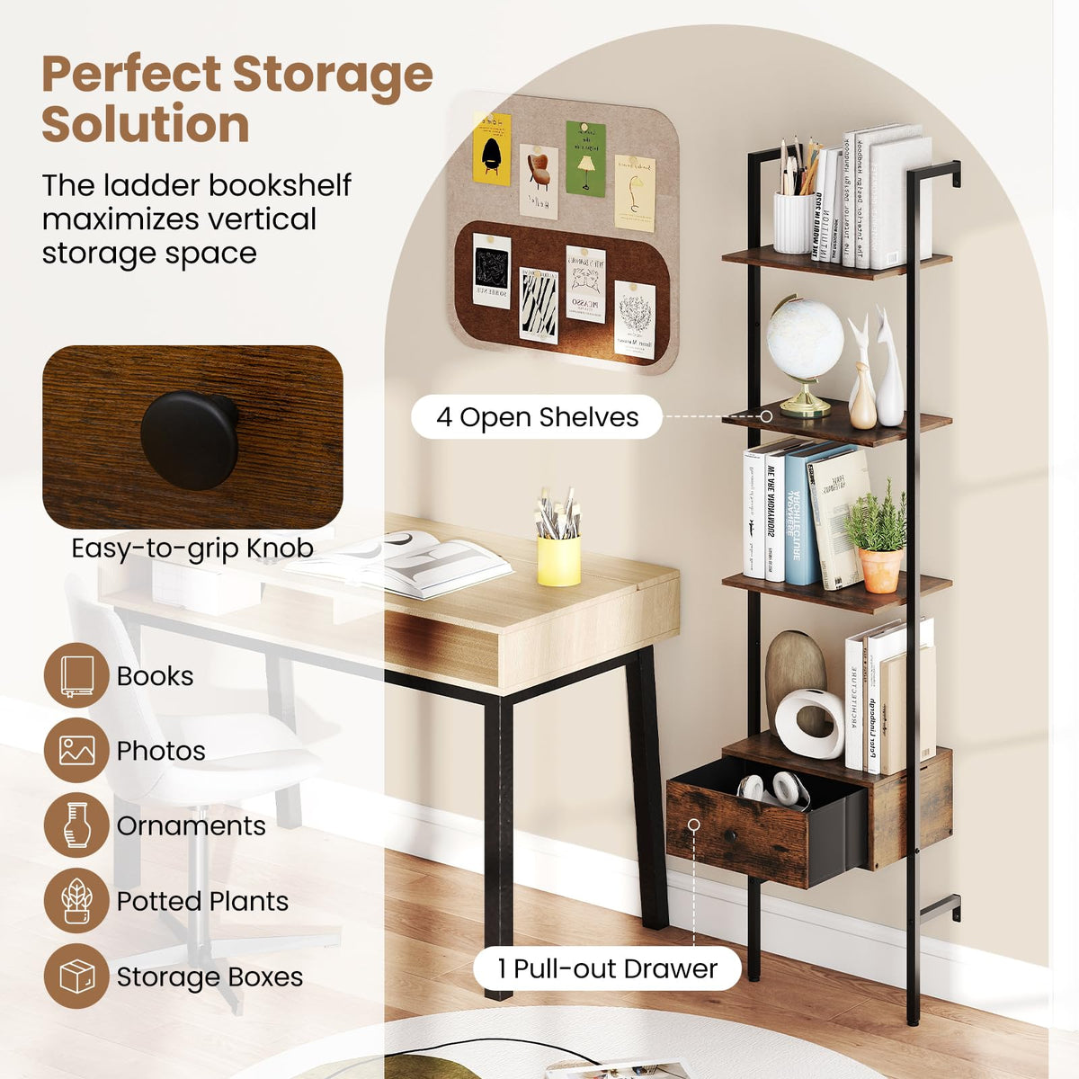 5-Tier Ladder Bookcase with Drawer G582