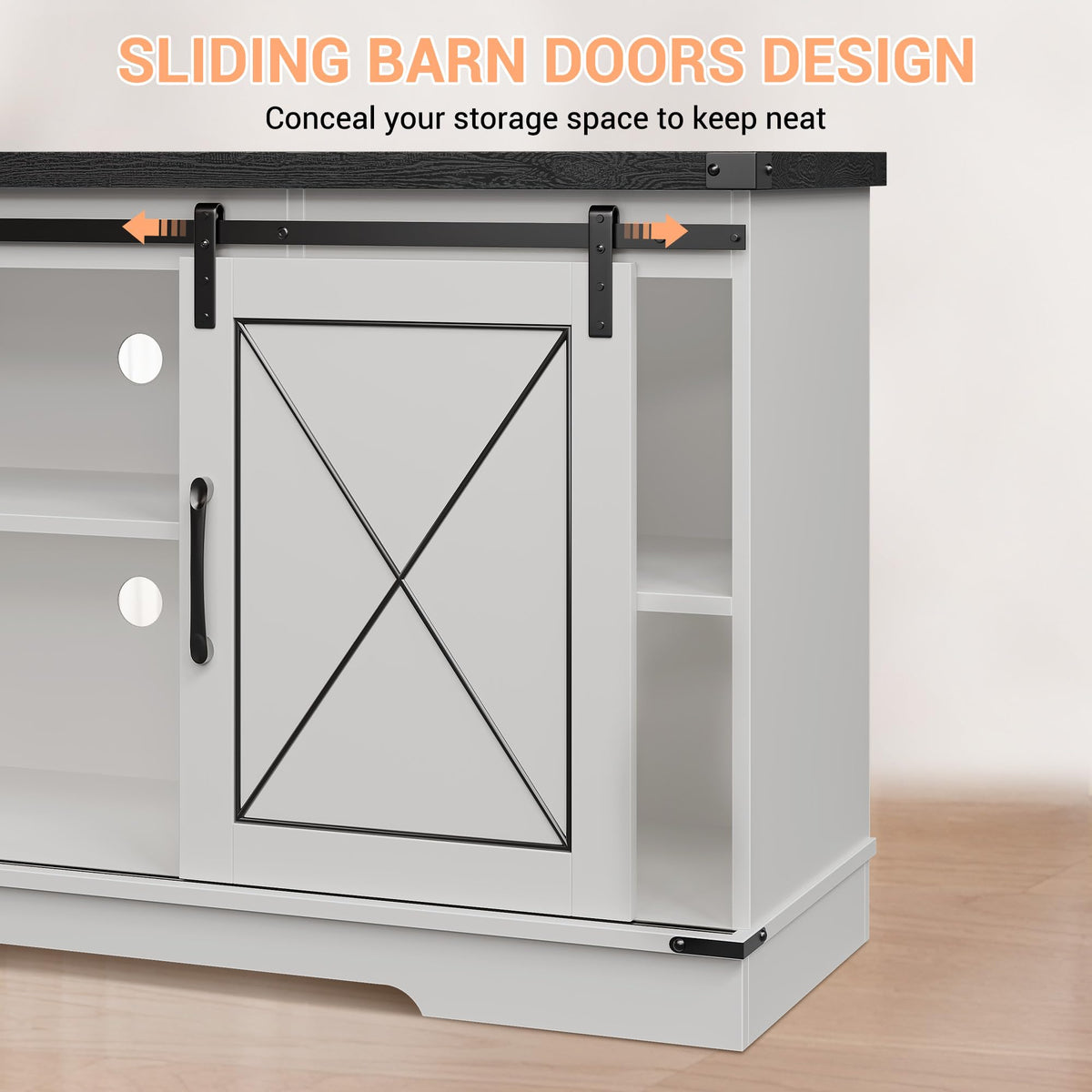 Farmhouse TV Stand with Sliding Barn Doors and Adjustable Shelves D842