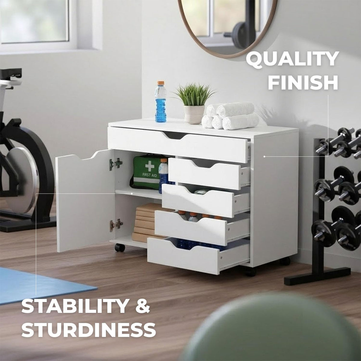 White Mobile Storage Cabinet with 1 Door & 5 Drawers E558