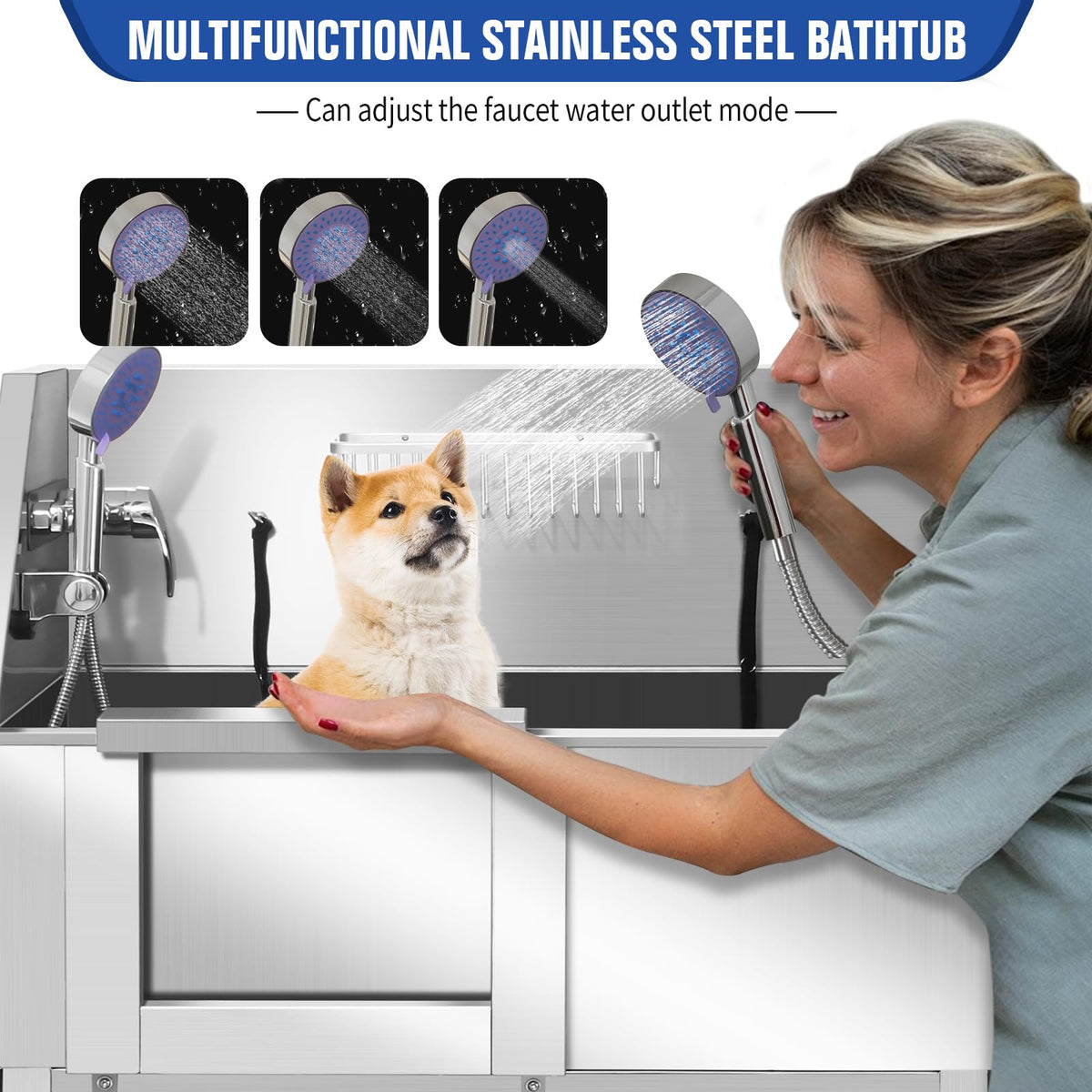 34 Inch Stainless Steel Dog Grooming Bathtub with Anti-Slip Stairs C9406