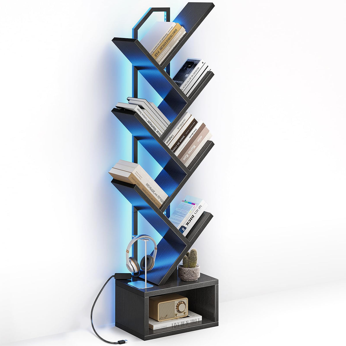 Black 6-Tier Tree Bookshelf with LED Lights L931