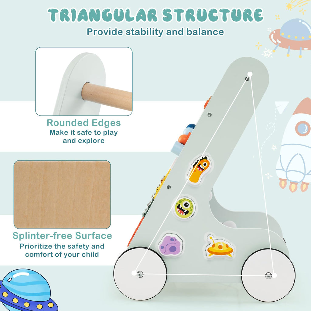 Wooden Baby Walker Push and Pull Learning Activity Center with Wheels Storage Green A38696
