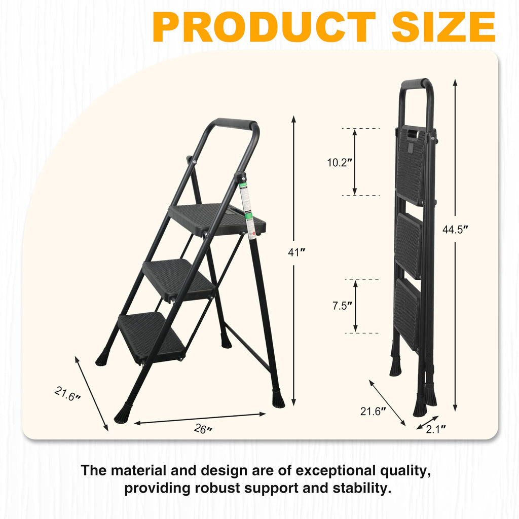 Portable Steel Folding Step Stool, 3-Step, Black D89824