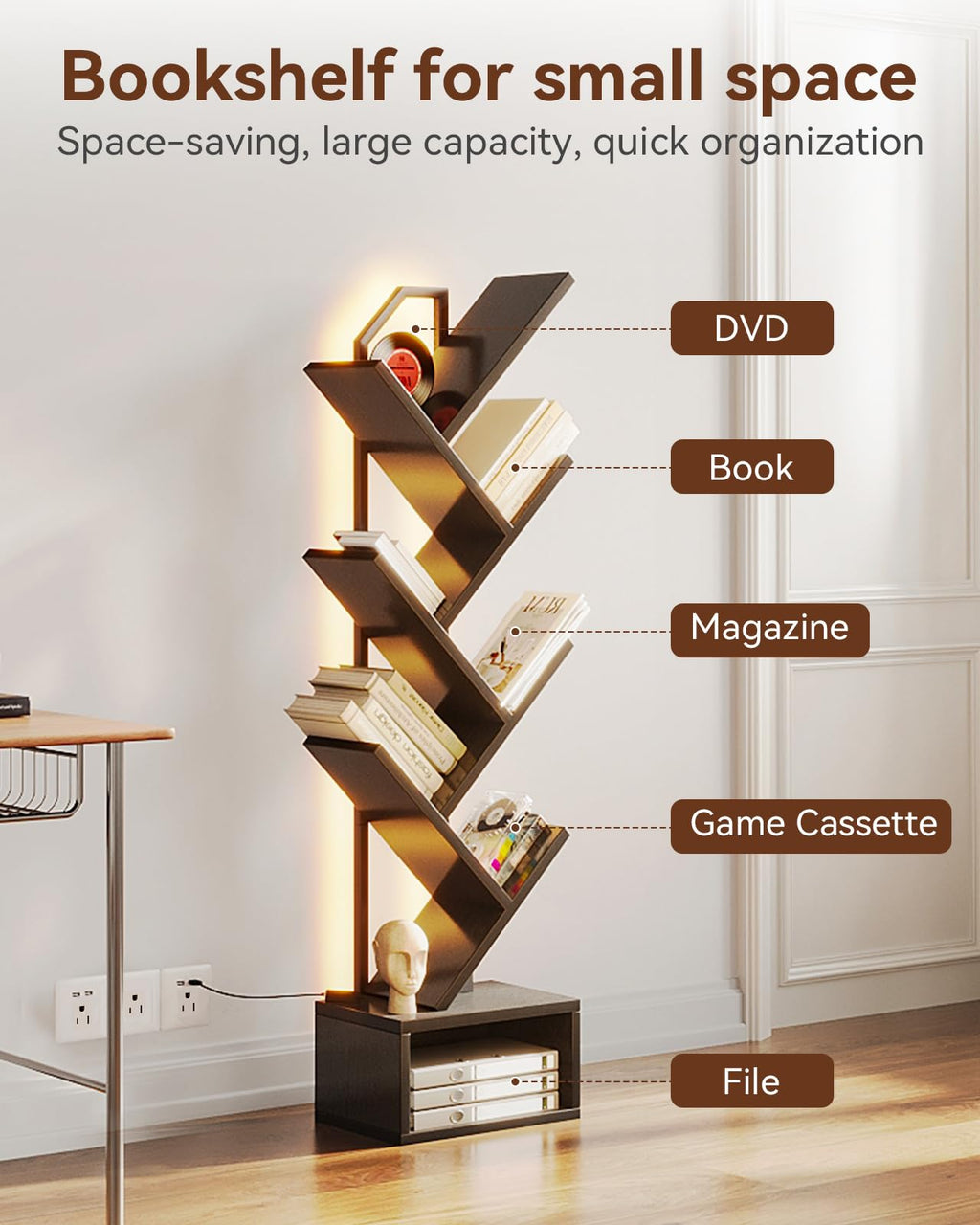 Black 6-Tier Tree Bookshelf with LED Lights L931