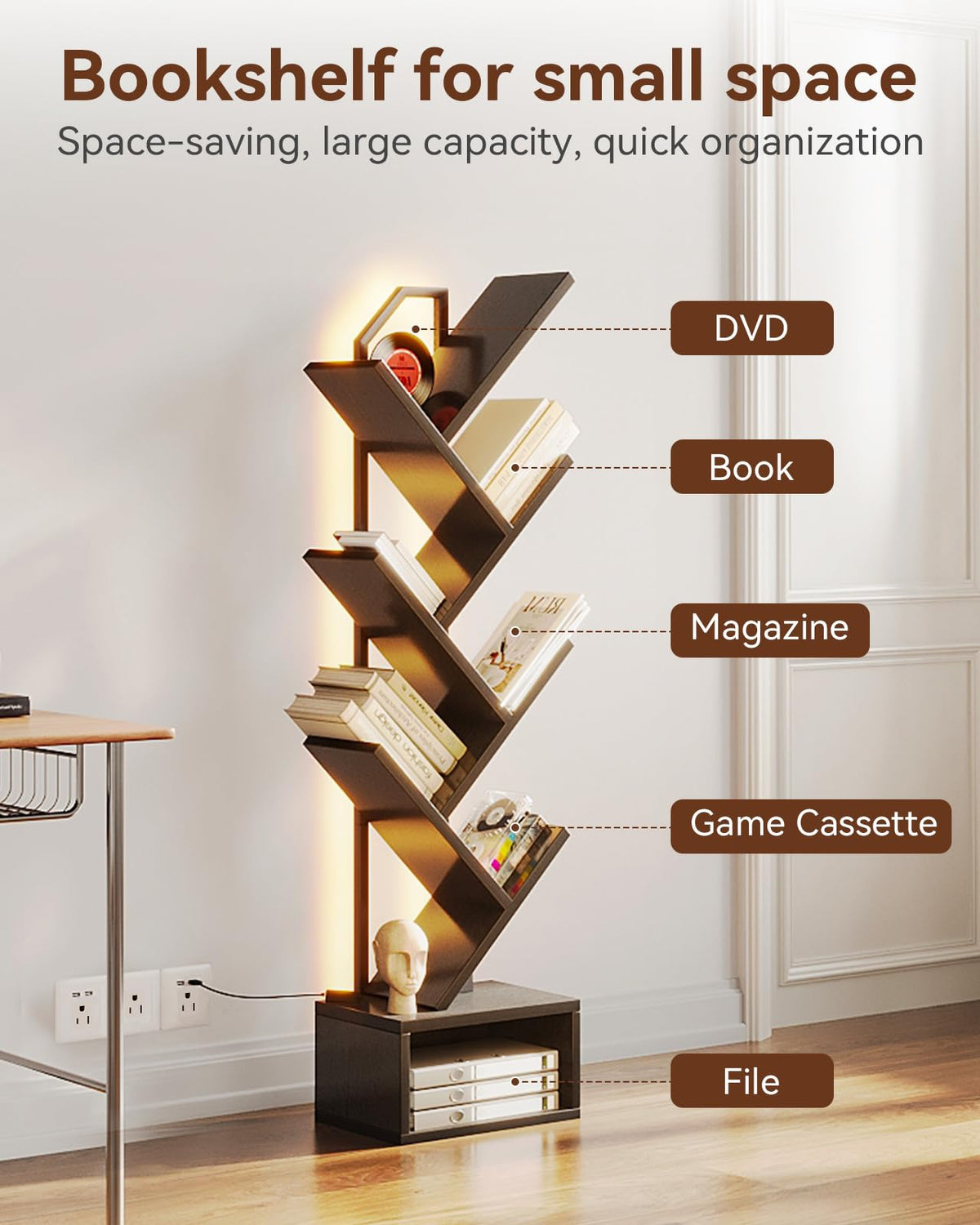 Black 6-Tier Tree Bookshelf with LED Lights L931