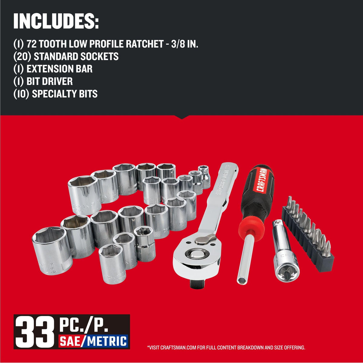 33 Piece 3/8 Inch Drive SAE/Metric Mechanics Tool Set M9983