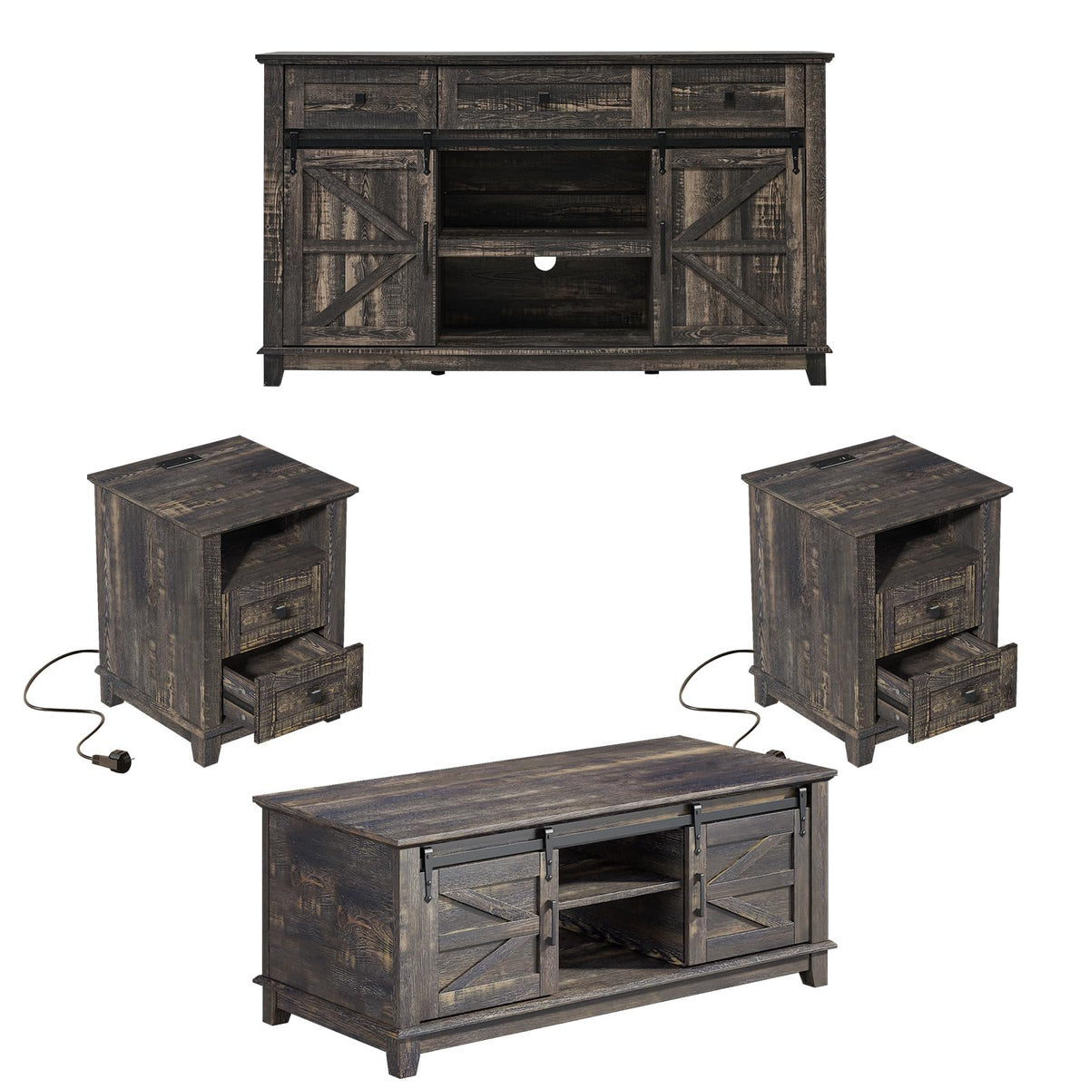 4 Piece Farmhouse Living Room Table Set with TV Stand Coffee Table and End Tables P748