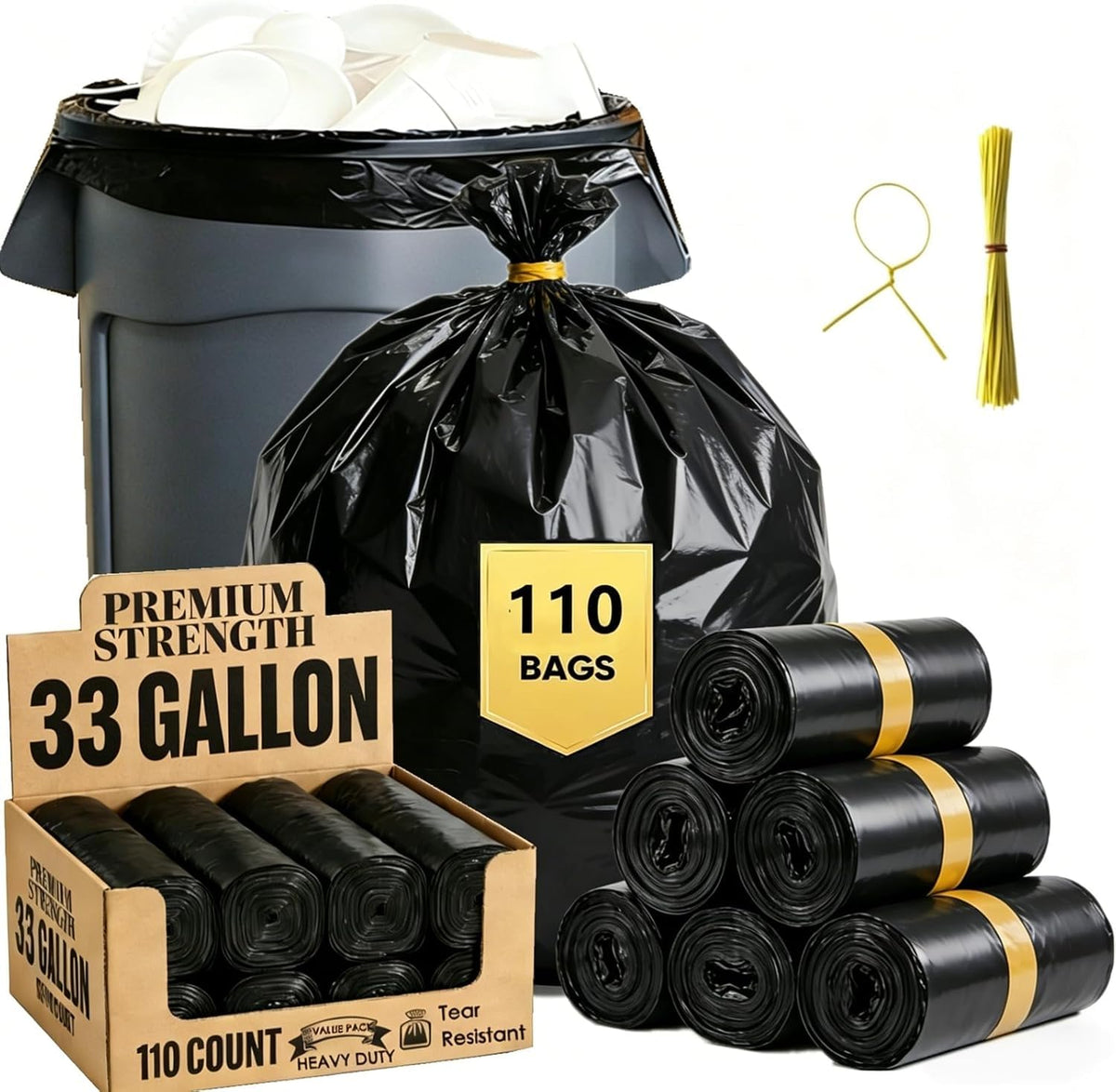 33 Gallon Heavy Duty Trash Bags 110 Count Black Can Liners S559490
