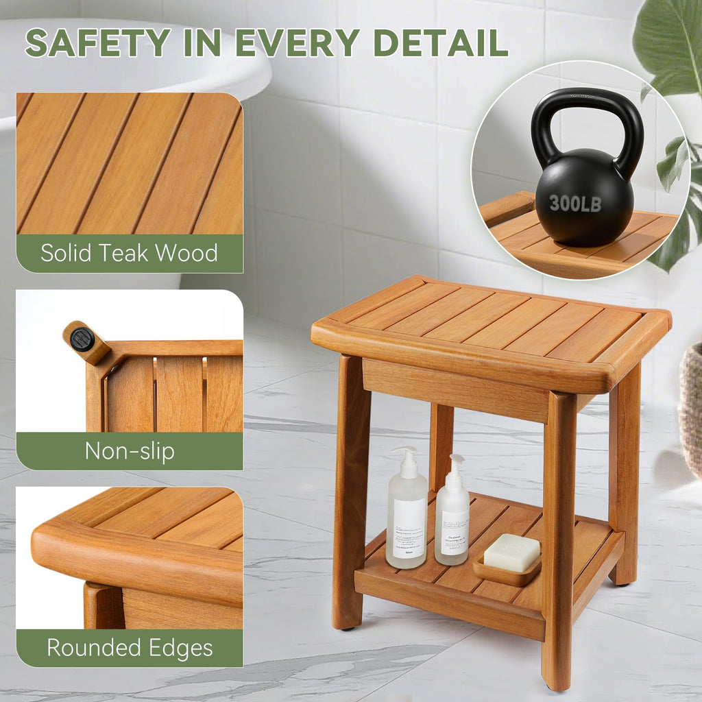 Teak Shower Bench with Towel Bars & Storage Shelf T88146