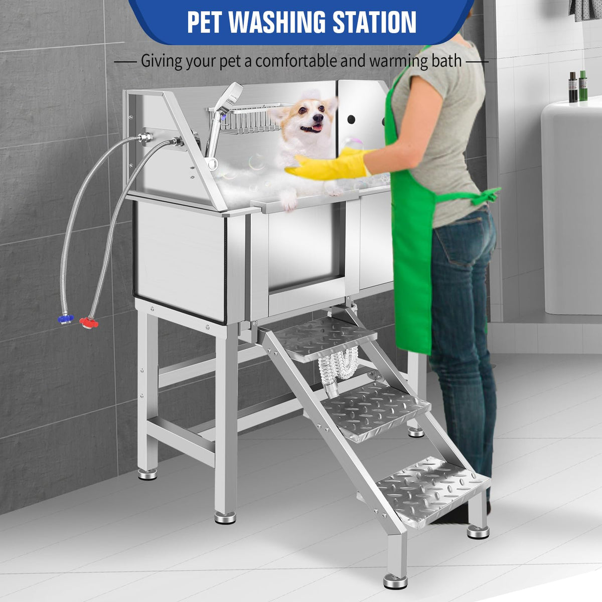 34 Inch Stainless Steel Dog Grooming Bathtub with Anti-Slip Stairs C9406
