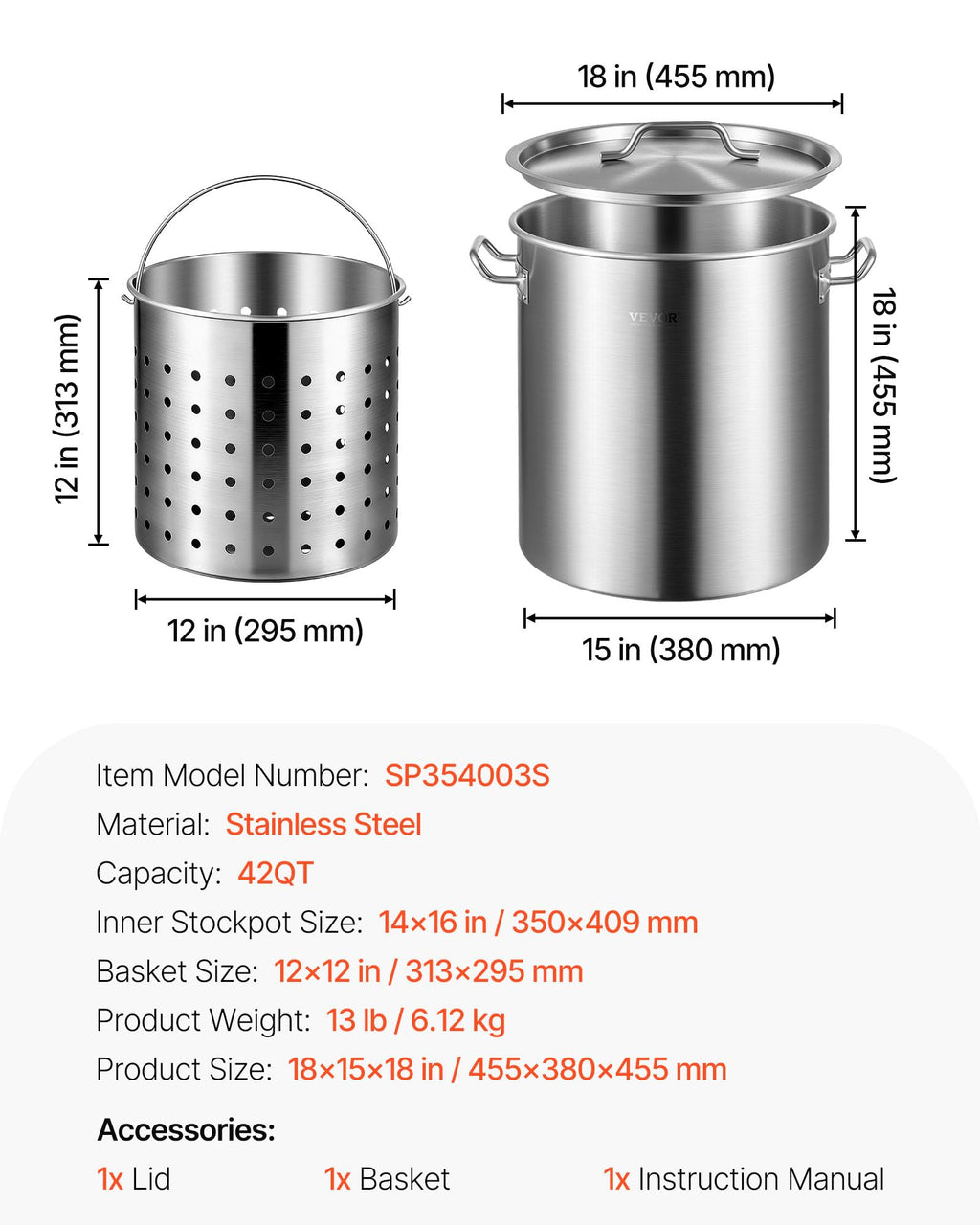 42 Quart Stainless Steel Stockpot with Strainer and Lid O60179