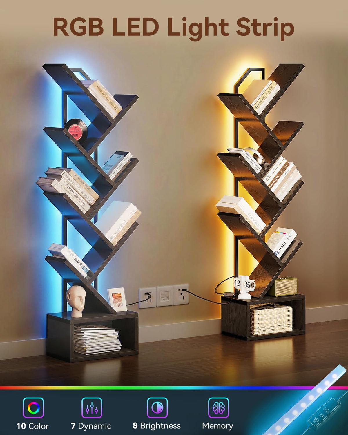 Black 6-Tier Tree Bookshelf with LED Lights L931
