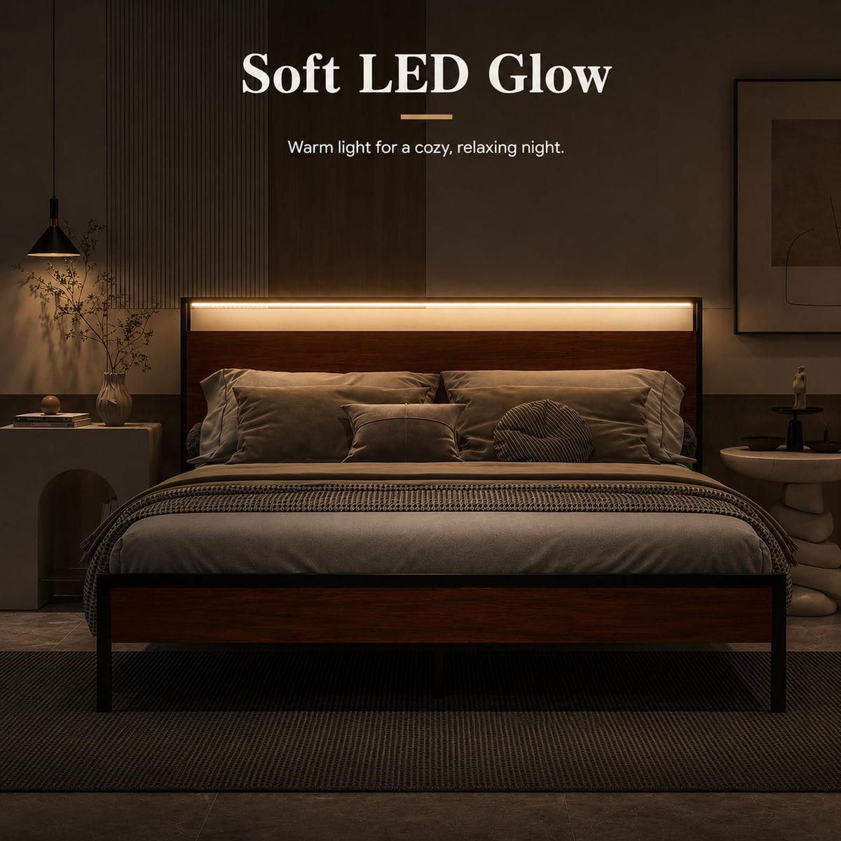 Full Size Metal Platform Bed Frame with Wood Headboard and Footboard P9602