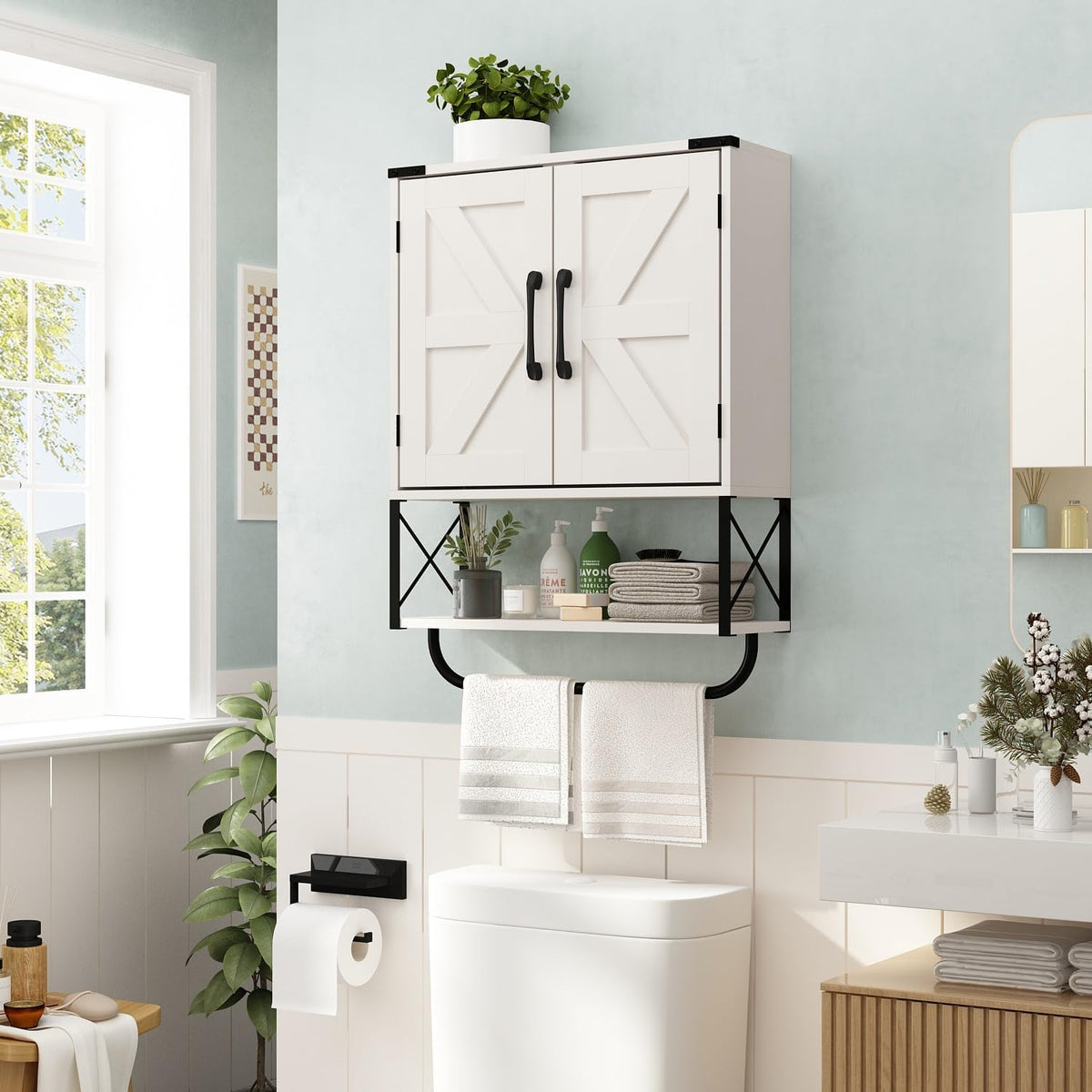 Medicine Cabinet with 2 Barn Door & Towel Bar Rack P946
