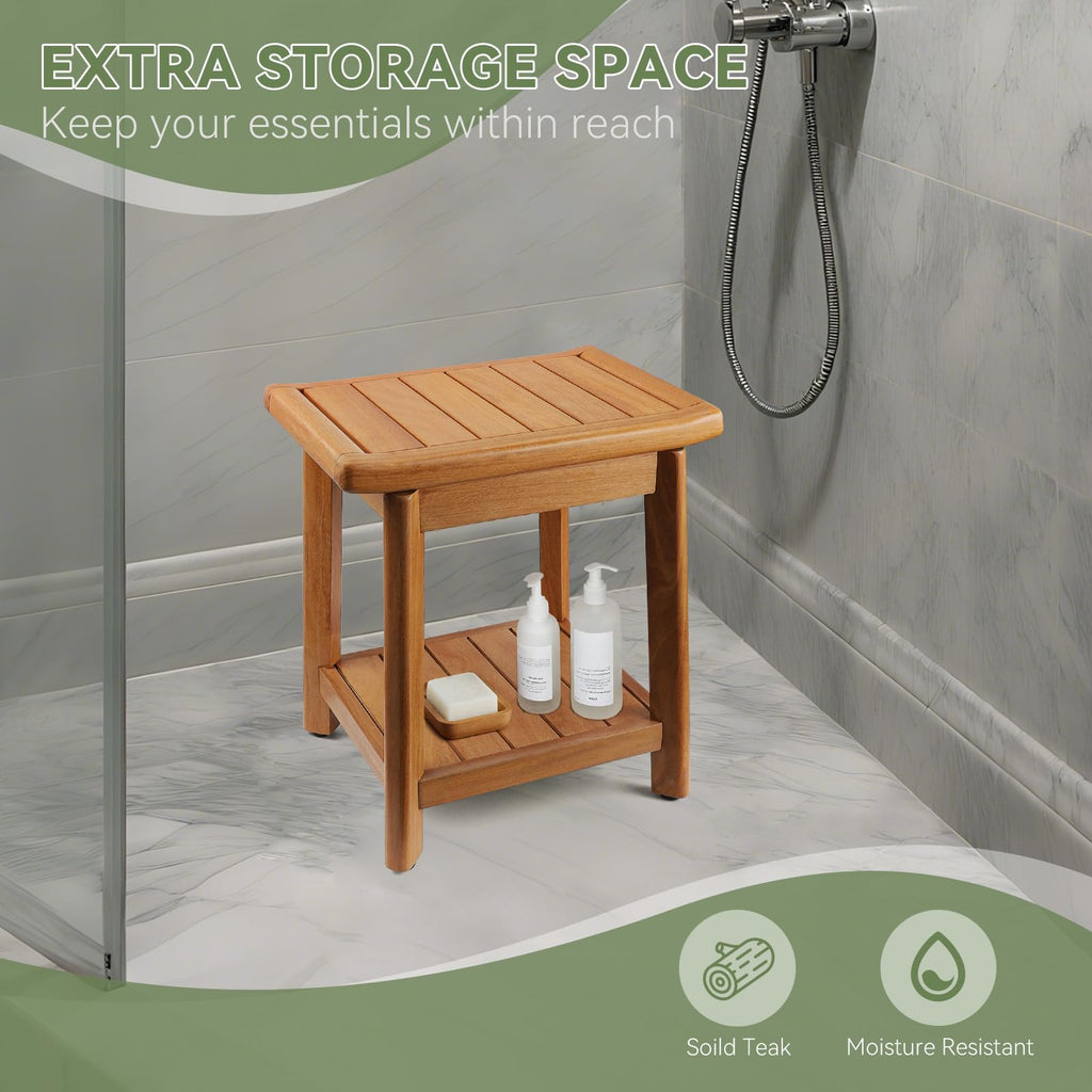 Teak Shower Bench with Towel Bars & Storage Shelf T88146